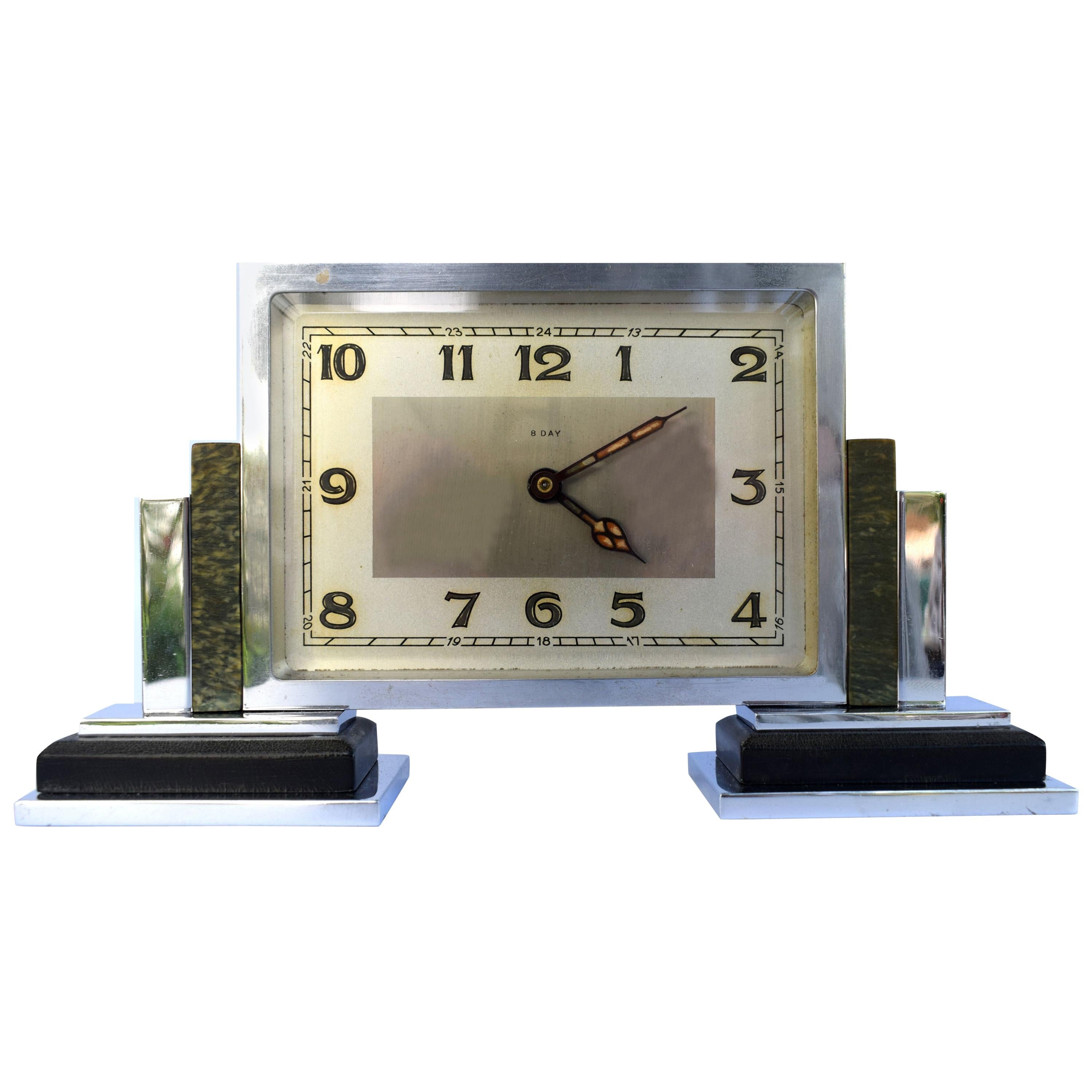 Art Deco 1930s 8 Day Mantle Clock, Chrome and Bakelite