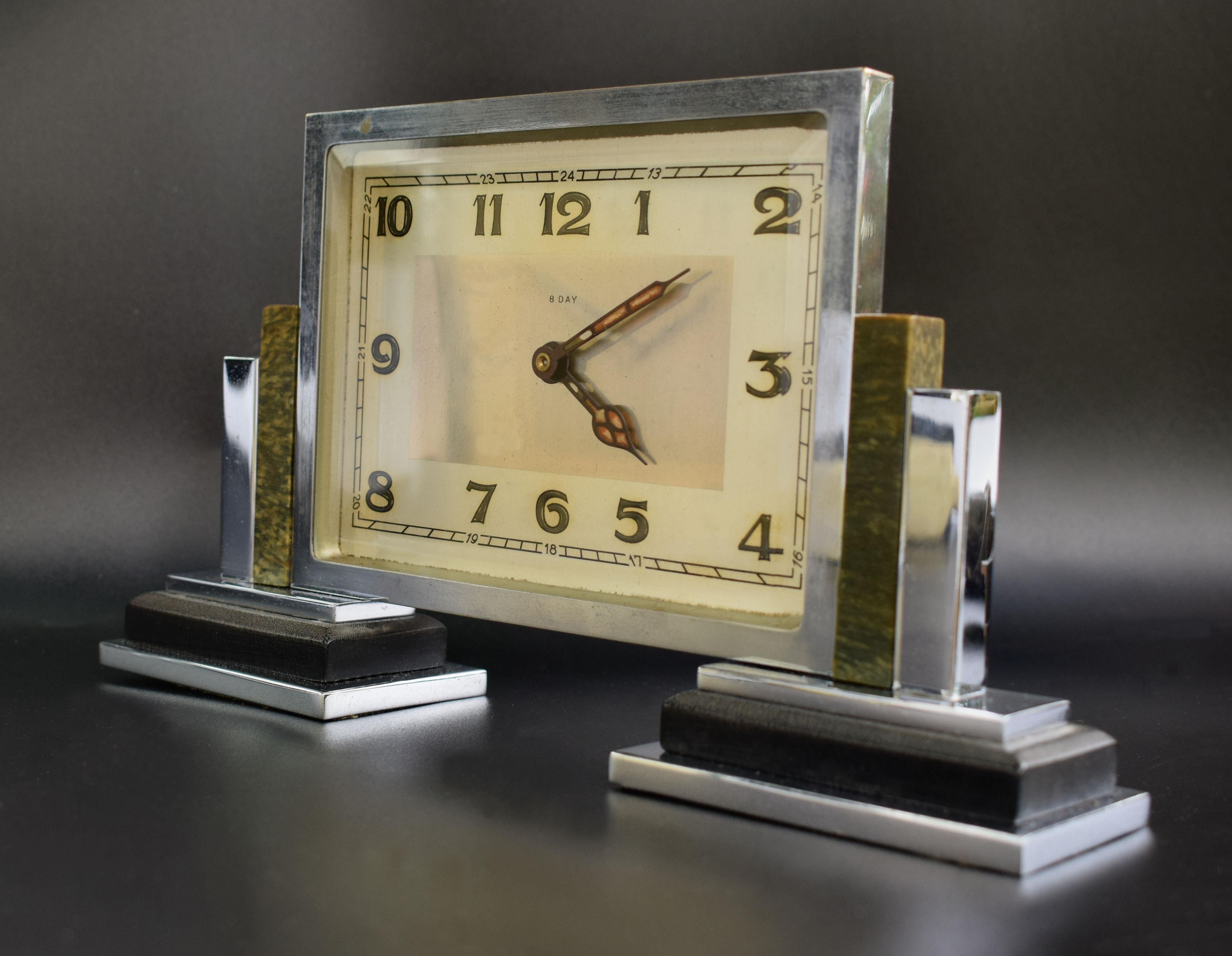 Aside the very stylish aesthetics of this Art Deco clock, when you pick it up you find it's surprisingly heavy. Quite slender in depth and overall nice size for either mantel or desk. The eight day movement has been fully serviced and so comes to