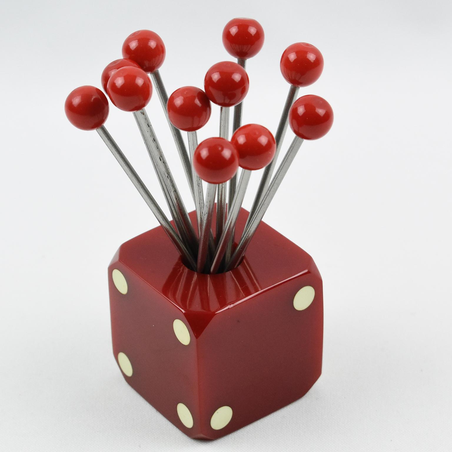 Art Deco 1930s Bakelite Barware Cocktail Picks Set Red Dice 2