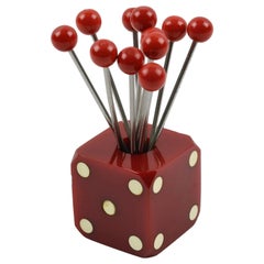 Art Deco 1930s Bakelite Barware Cocktail Picks Set Red Dice