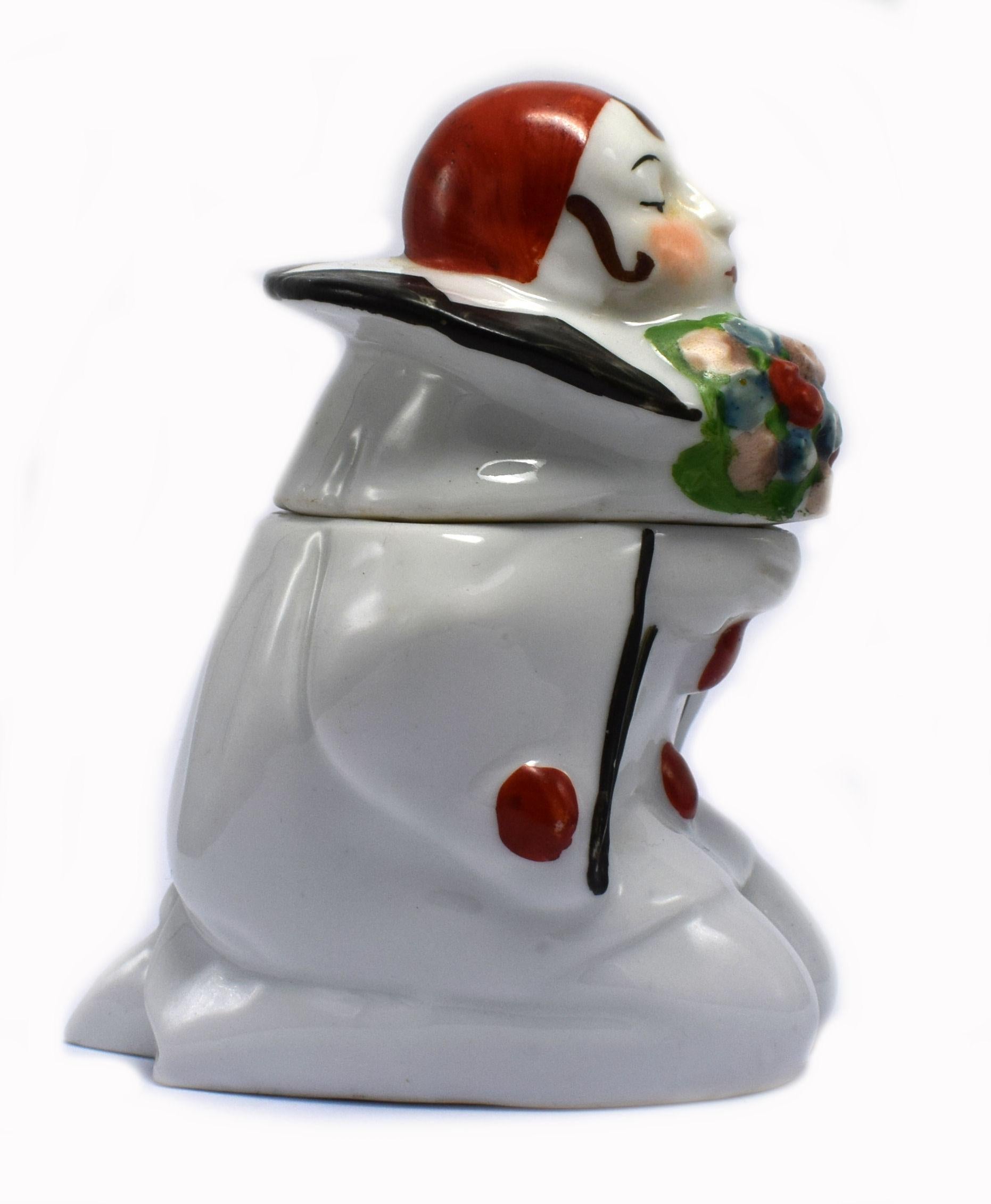 Art Deco 1930s Beautiful Inkwell Porcelain Signed Pierrot Colombine. Made in France. Skillfully painted in bright and vibrant poly-chrome colours , depicting a Pierrot kneeling and holding a bouquet of flowers. Great condition with no damage to