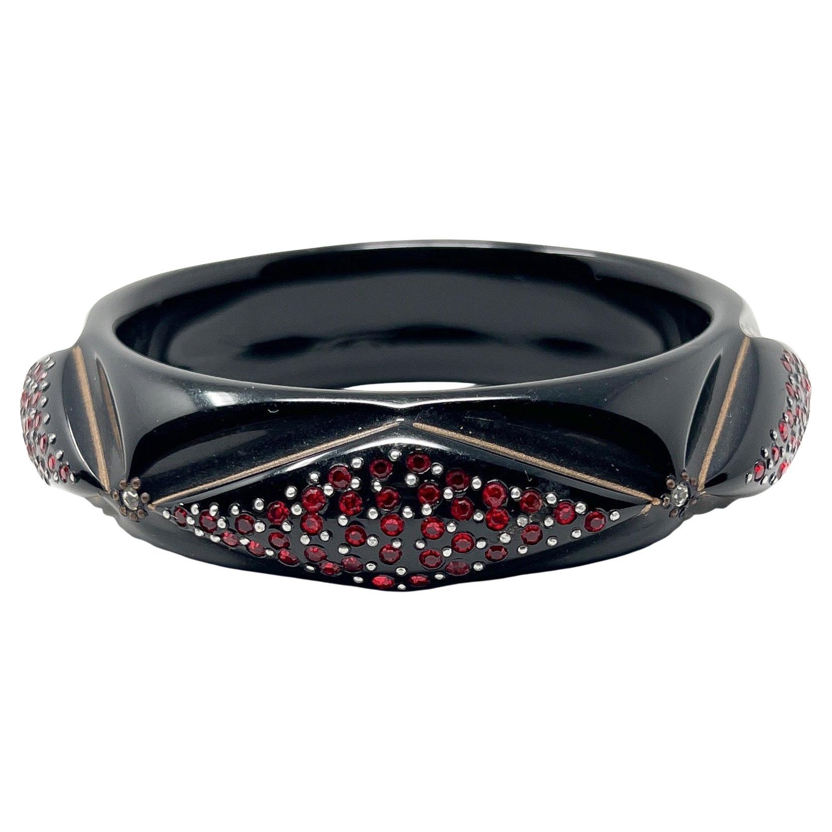 Art Deco 1930S Black Celluloid and Ruby Rhinestones Vintage Geometric Bangle For Sale