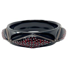 Art Deco 1930S Black Celluloid and Ruby Rhinestones Vintage Geometric Bangle