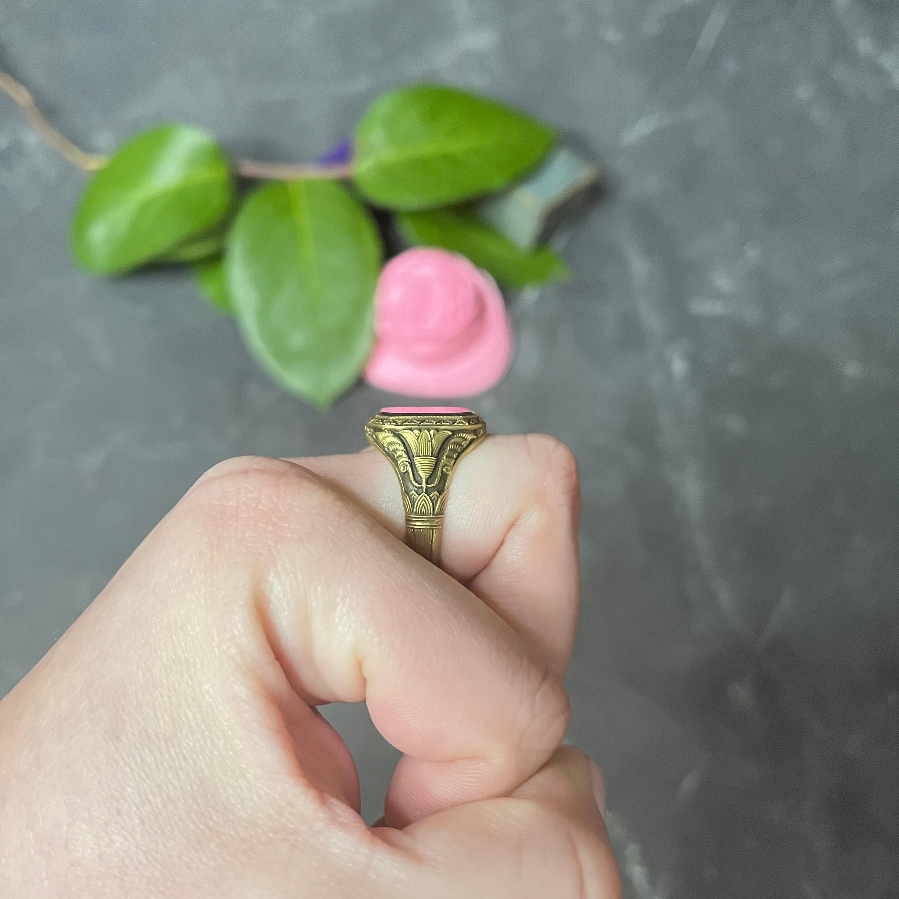 Art Deco 1930's Bloodstone 14 Karat Gold Lotus Unisex Signet Ring 8