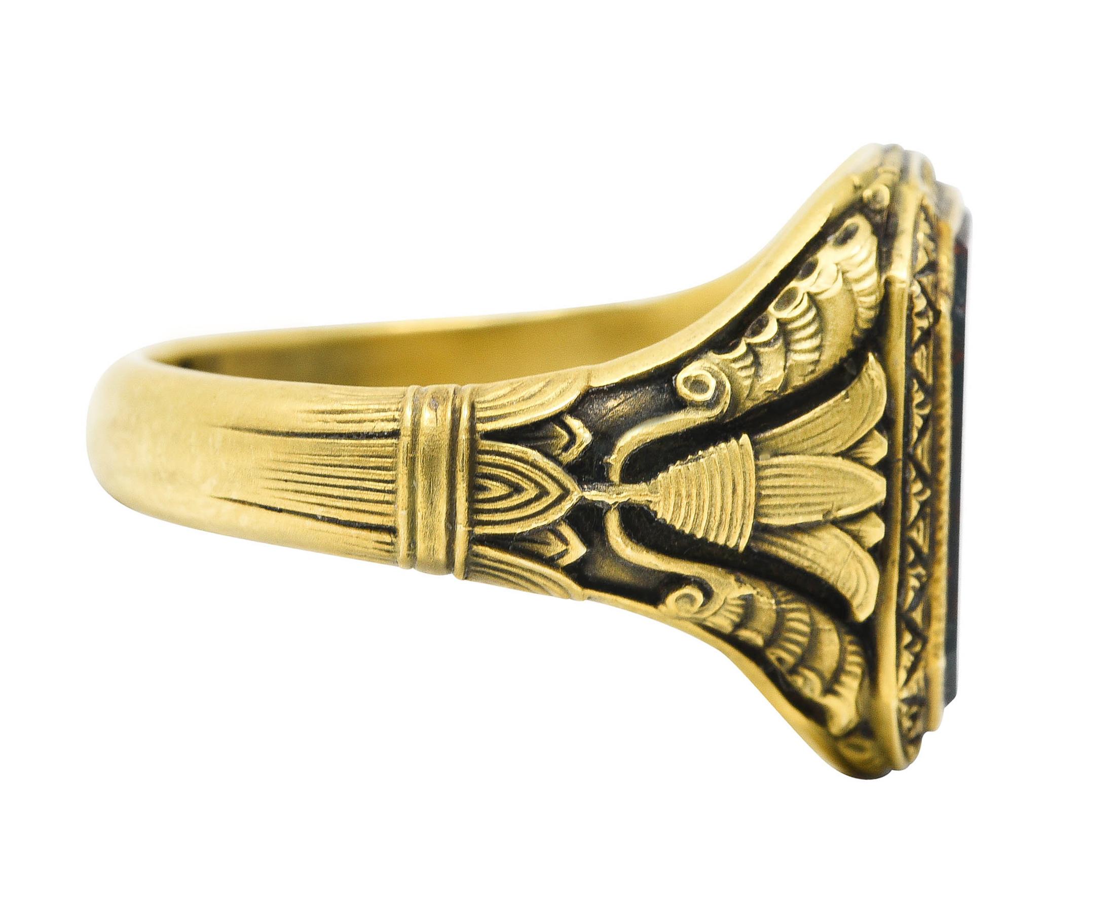 Art Deco 1930's Bloodstone 14 Karat Gold Lotus Unisex Signet Ring In Excellent Condition In Philadelphia, PA