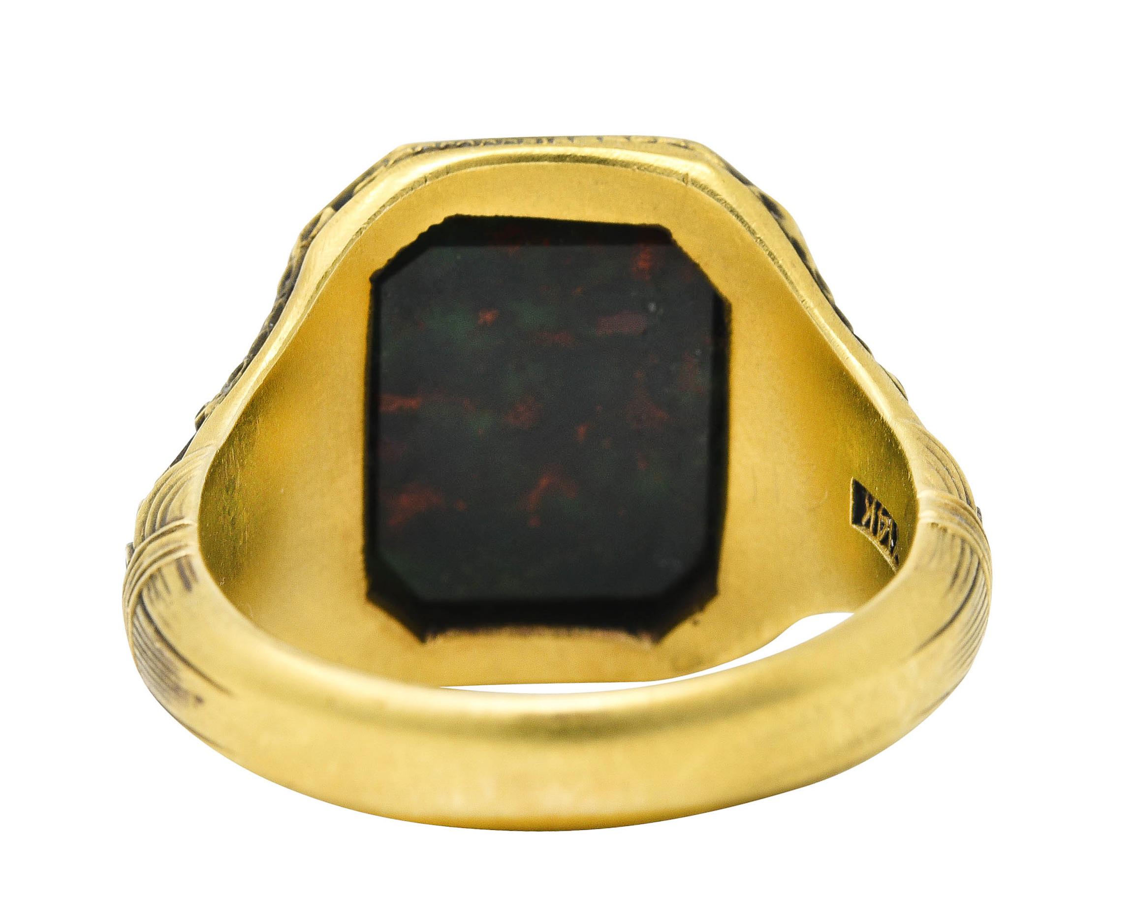 Art Deco 1930's Bloodstone 14 Karat Gold Lotus Unisex Signet Ring 1