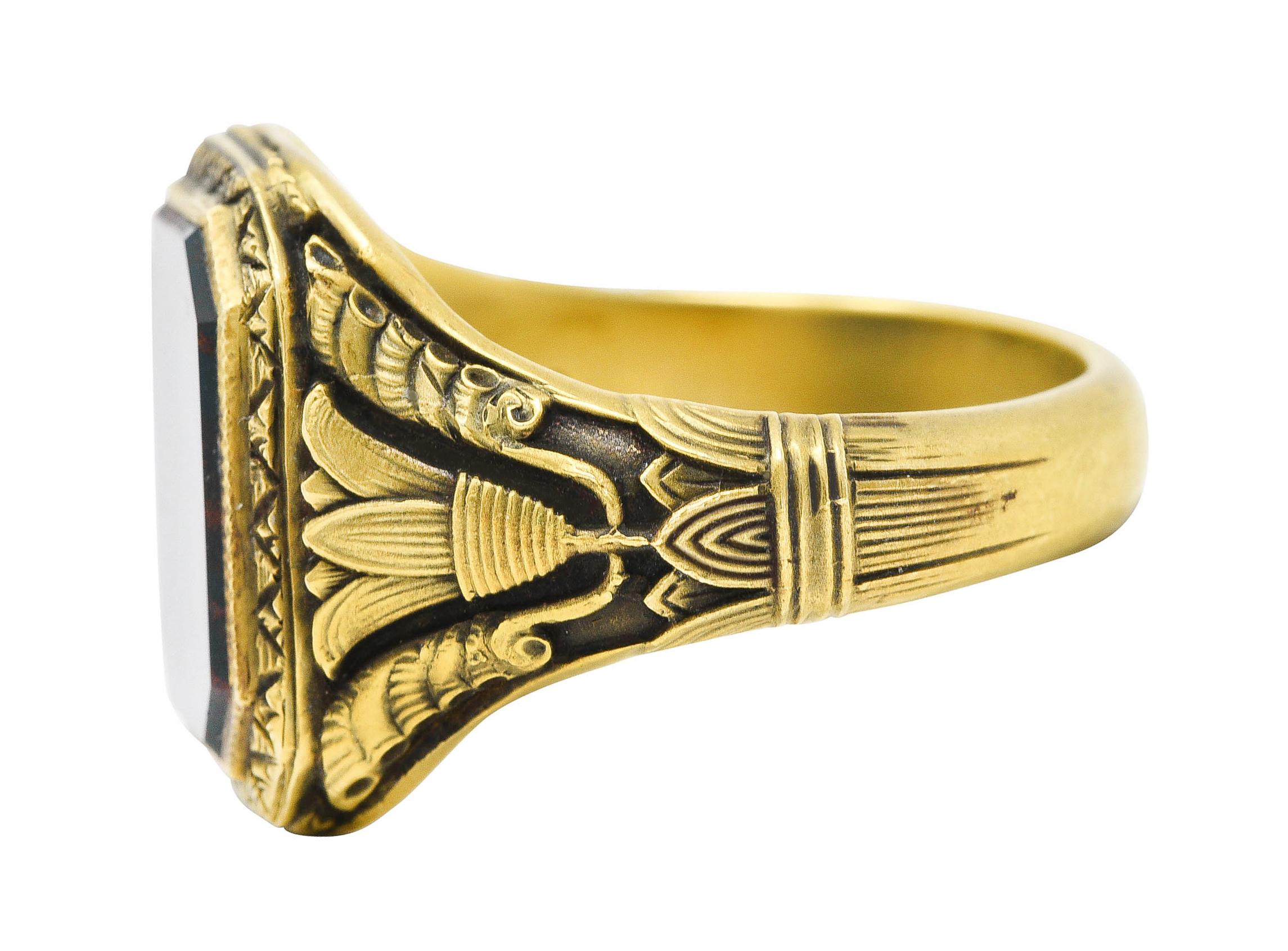 Art Deco 1930's Bloodstone 14 Karat Gold Lotus Unisex Signet Ring 2