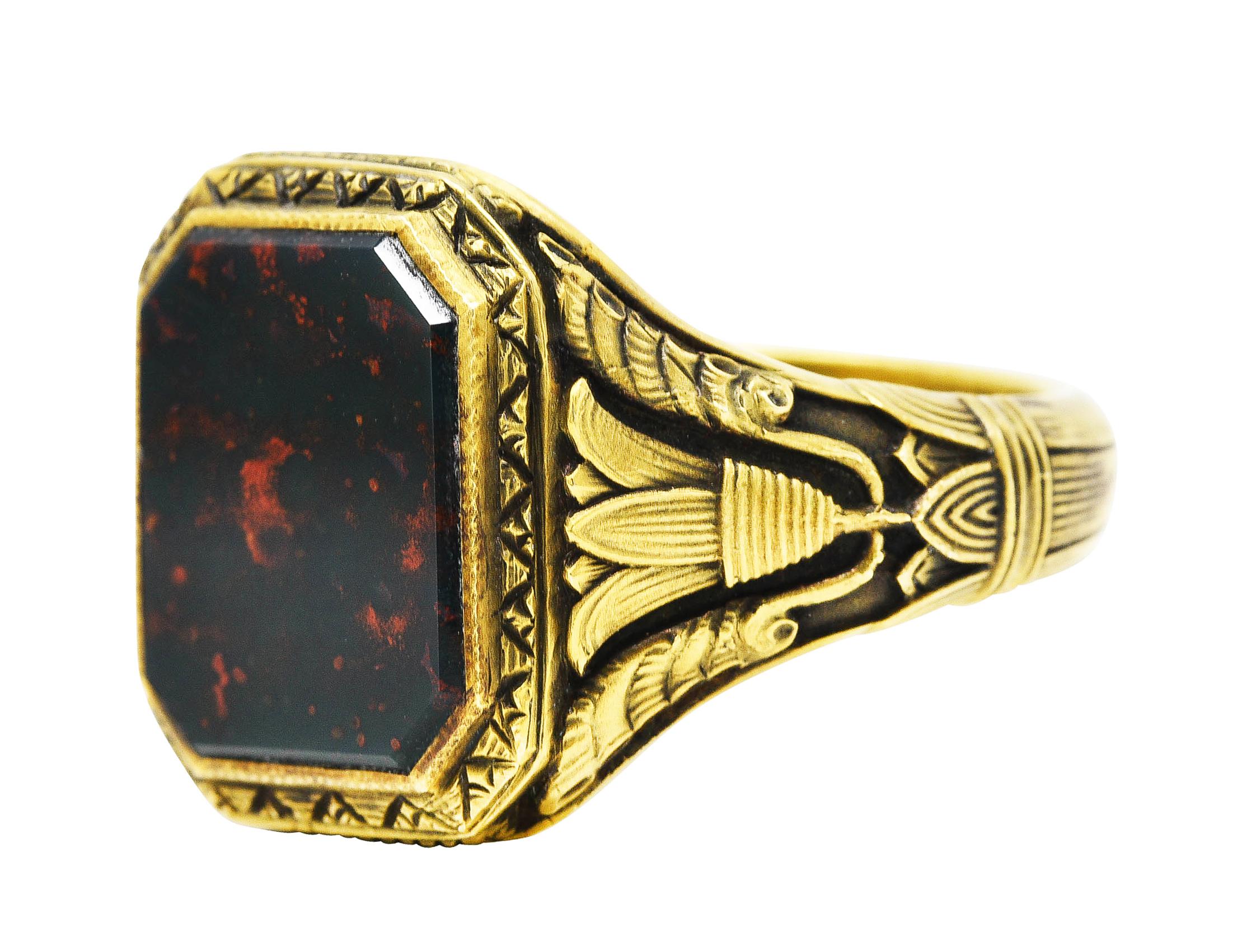 Art Deco 1930's Bloodstone 14 Karat Gold Lotus Unisex Signet Ring 3