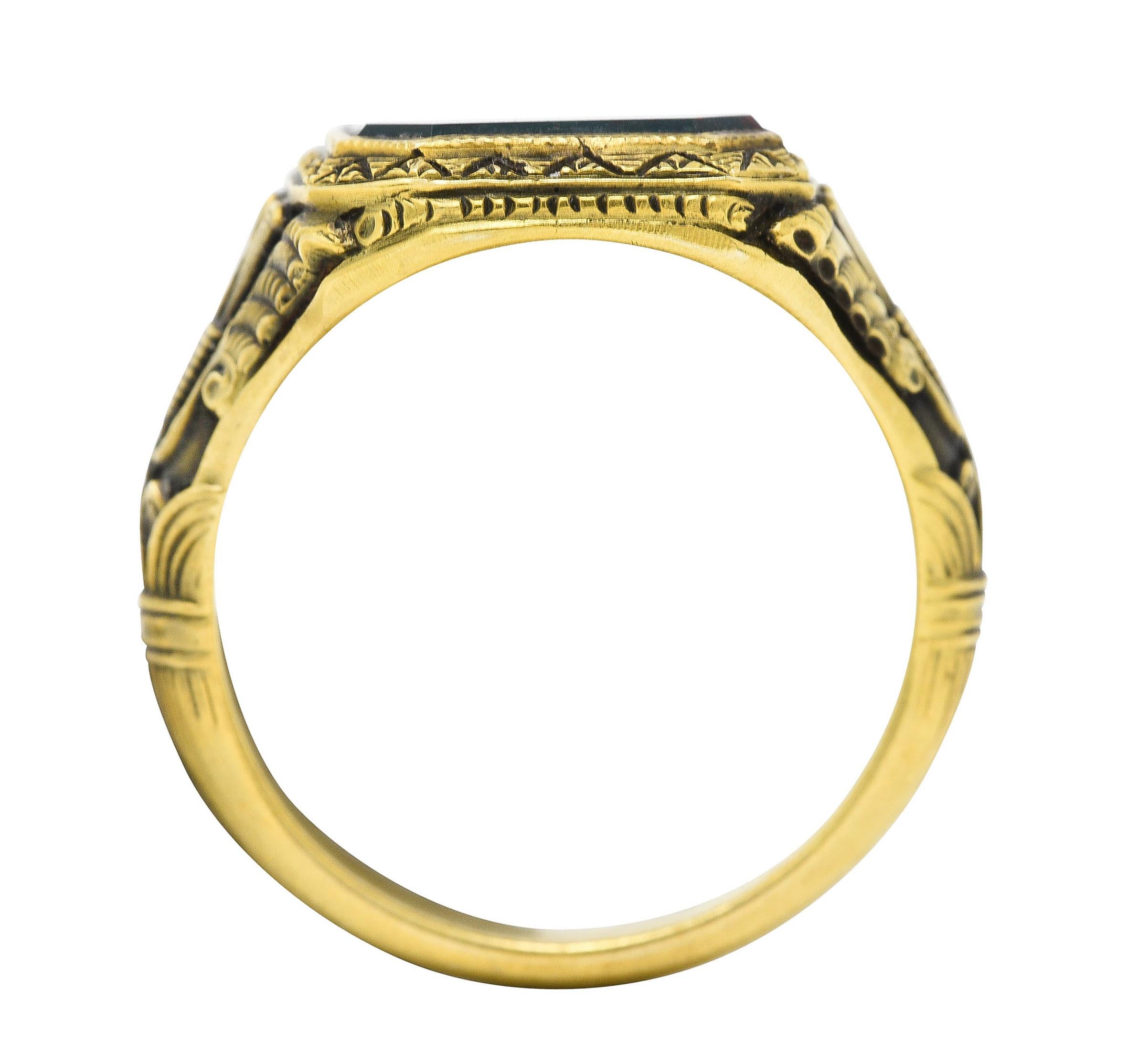 Art Deco 1930's Bloodstone 14 Karat Gold Lotus Unisex Signet Ring 5