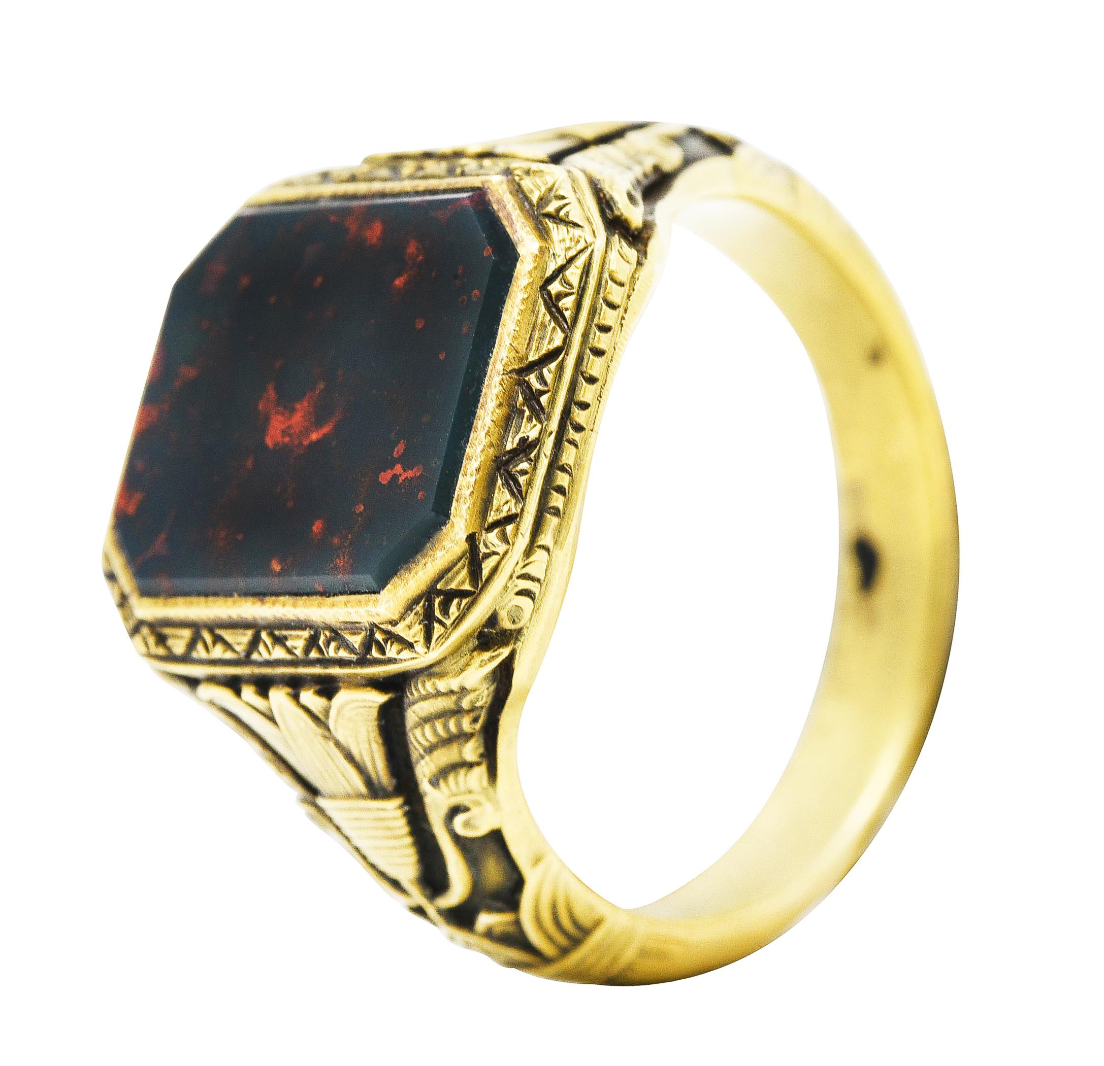 Art Deco 1930's Bloodstone 14 Karat Gold Lotus Unisex Signet Ring 6