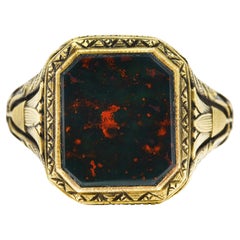 Art Deco 1930's Bloodstone 14 Karat Gold Lotus Unisex Signet Ring