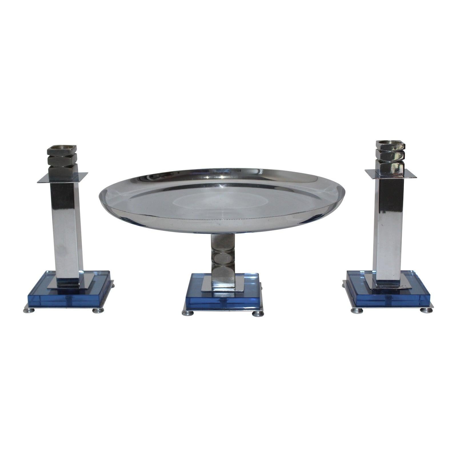 Art Deco 1930s blue glass and chrome Farber Garniture set - Compote and 2 candlesticks - set of 3 from a Palm Beach Estate. An early design by what was to become an iconic Art Deco brand, and a beautiful example -- note the exquisite beaded edge of