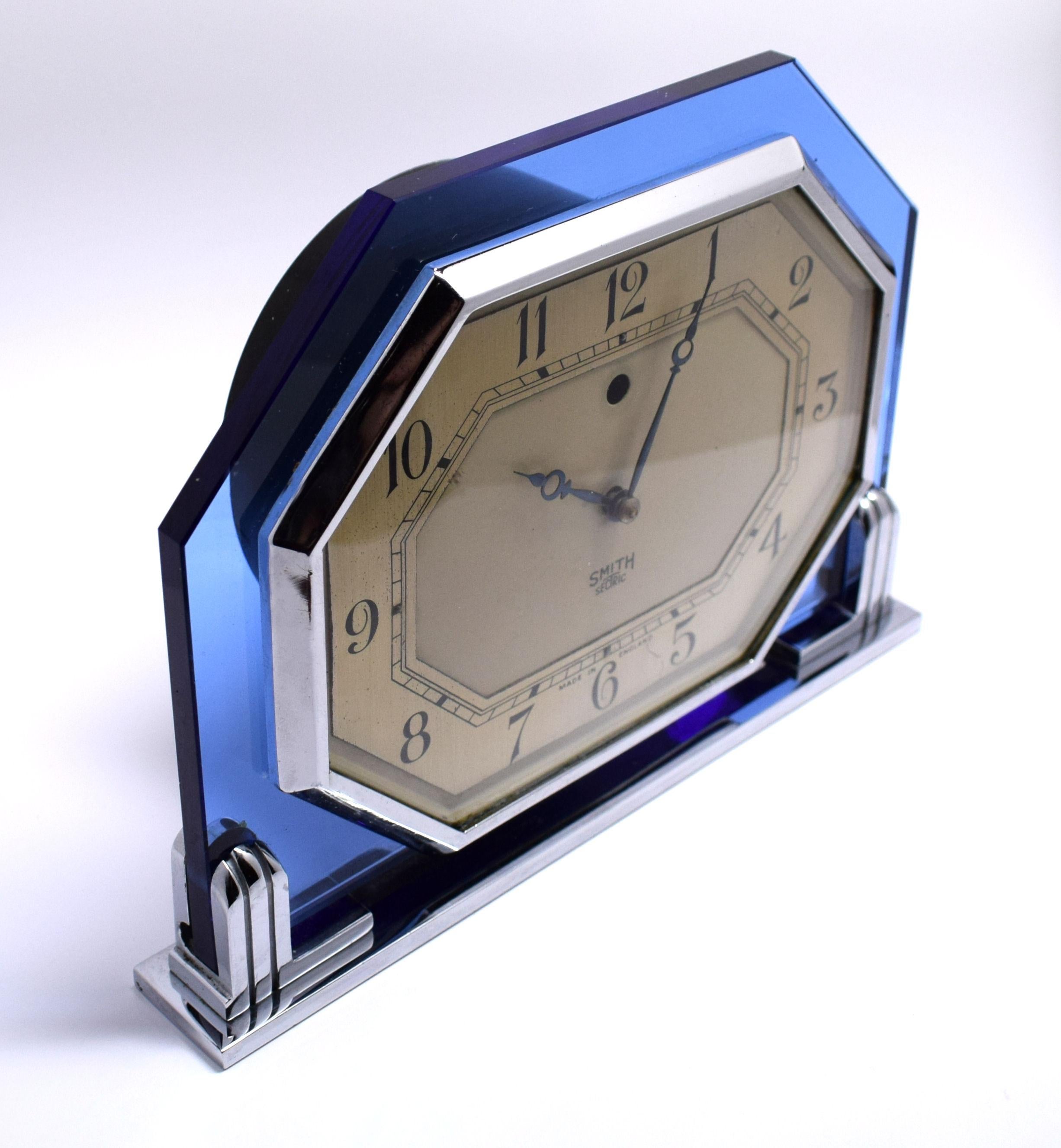 English Art Deco 1930s Blue Glass Clock by Smiths
