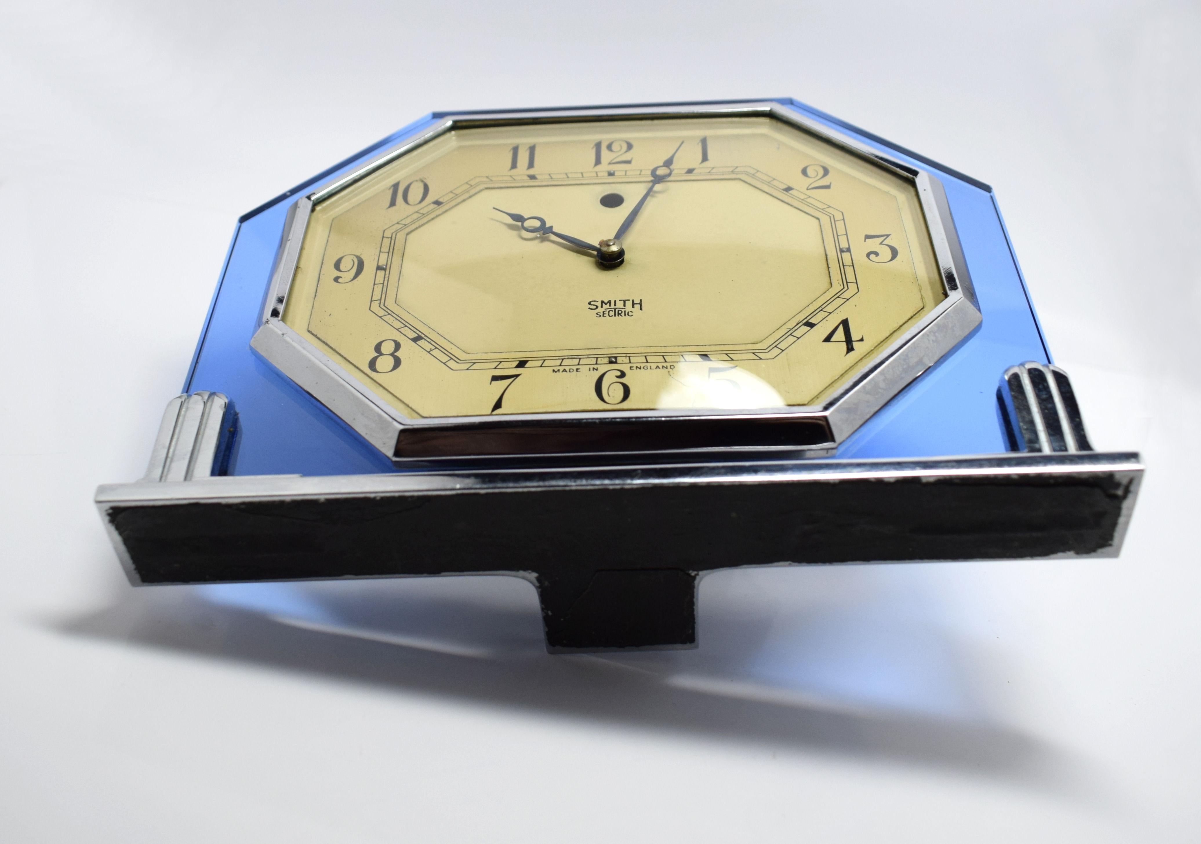 Art Deco 1930s Blue Glass Clock by Smiths In Good Condition In Devon, England
