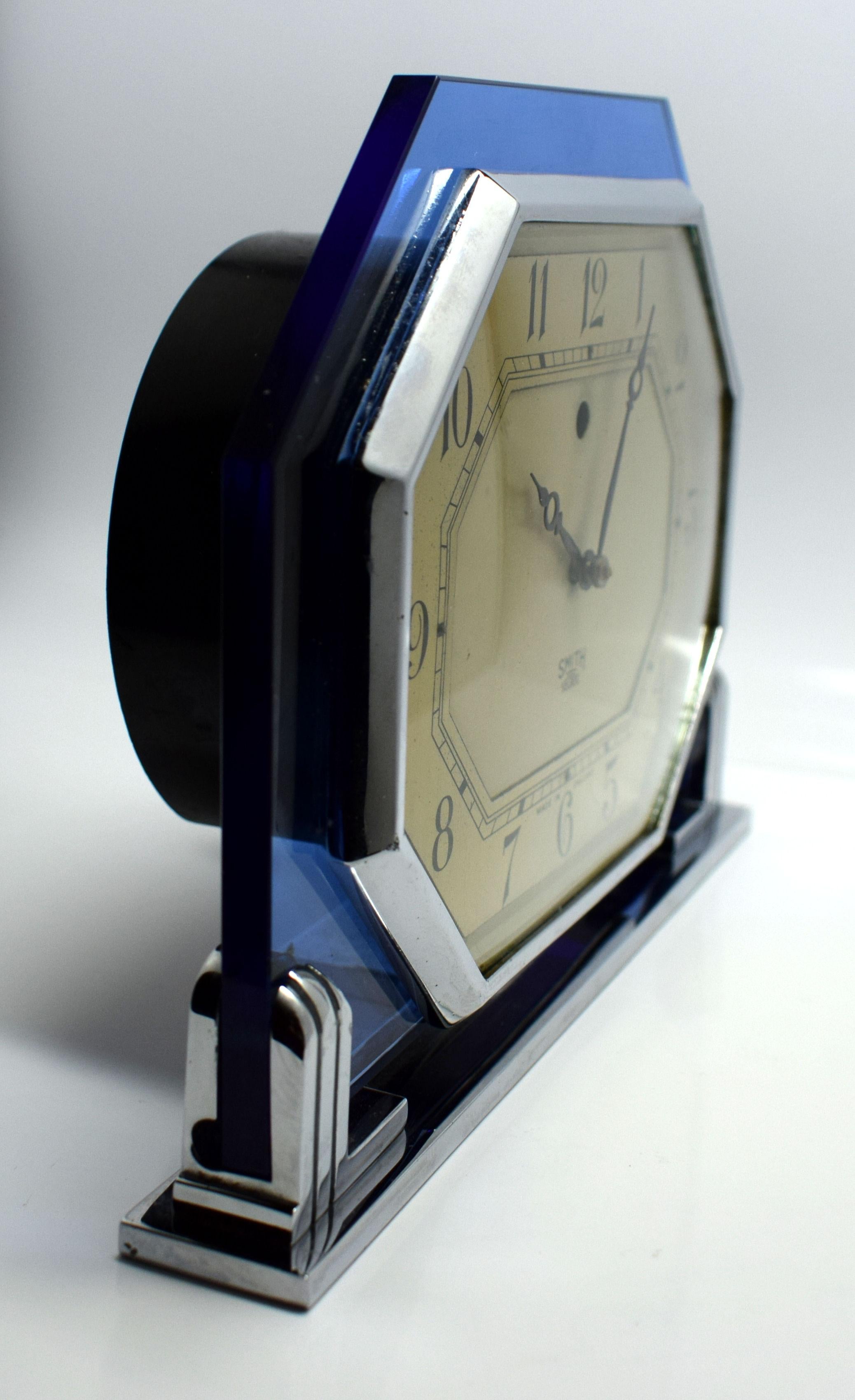 20th Century Art Deco 1930s Blue Glass Clock by Smiths