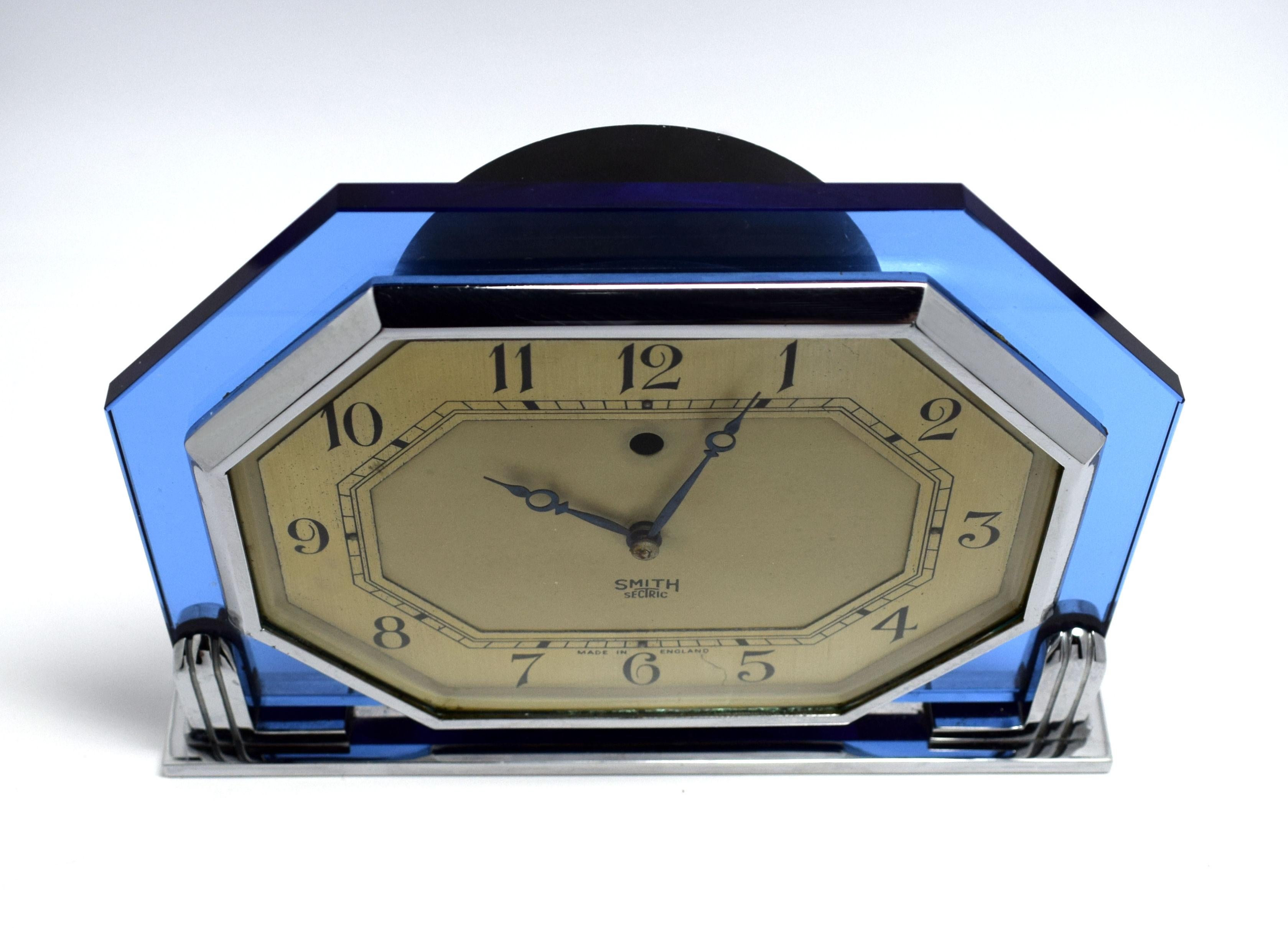 Art Deco 1930s Blue Glass Clock by Smiths 3