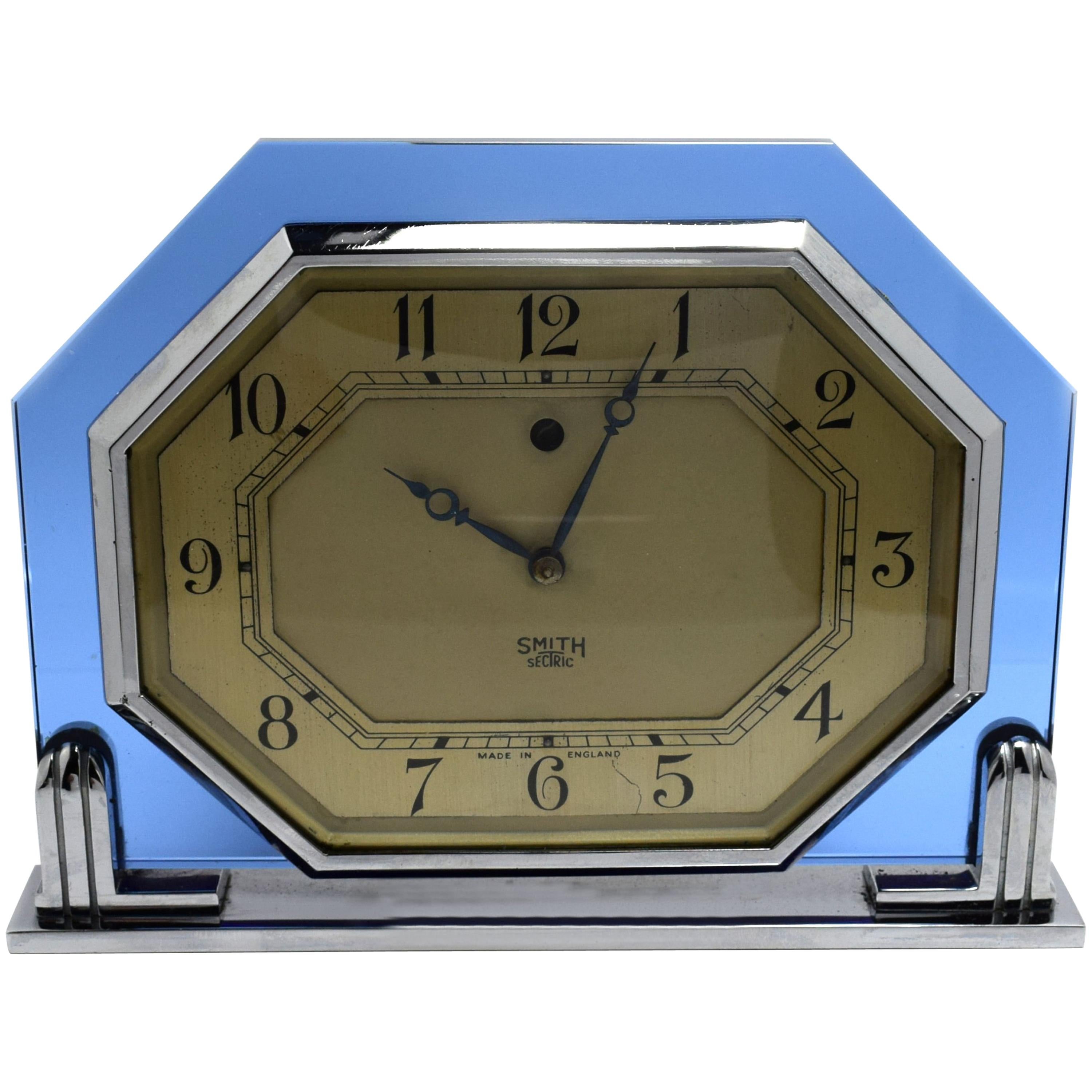 Art Deco 1930s Blue Glass Clock by Smiths