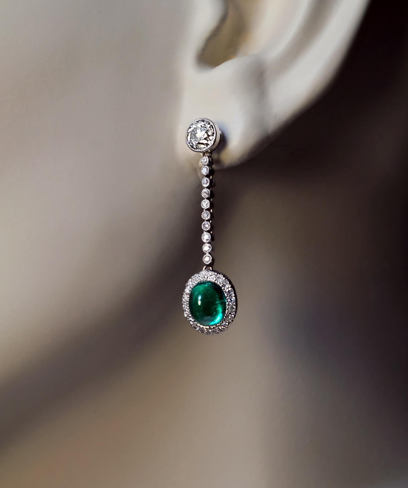 Women's Art Deco 1930s Cabochon Emerald Diamond Platinum Earrings