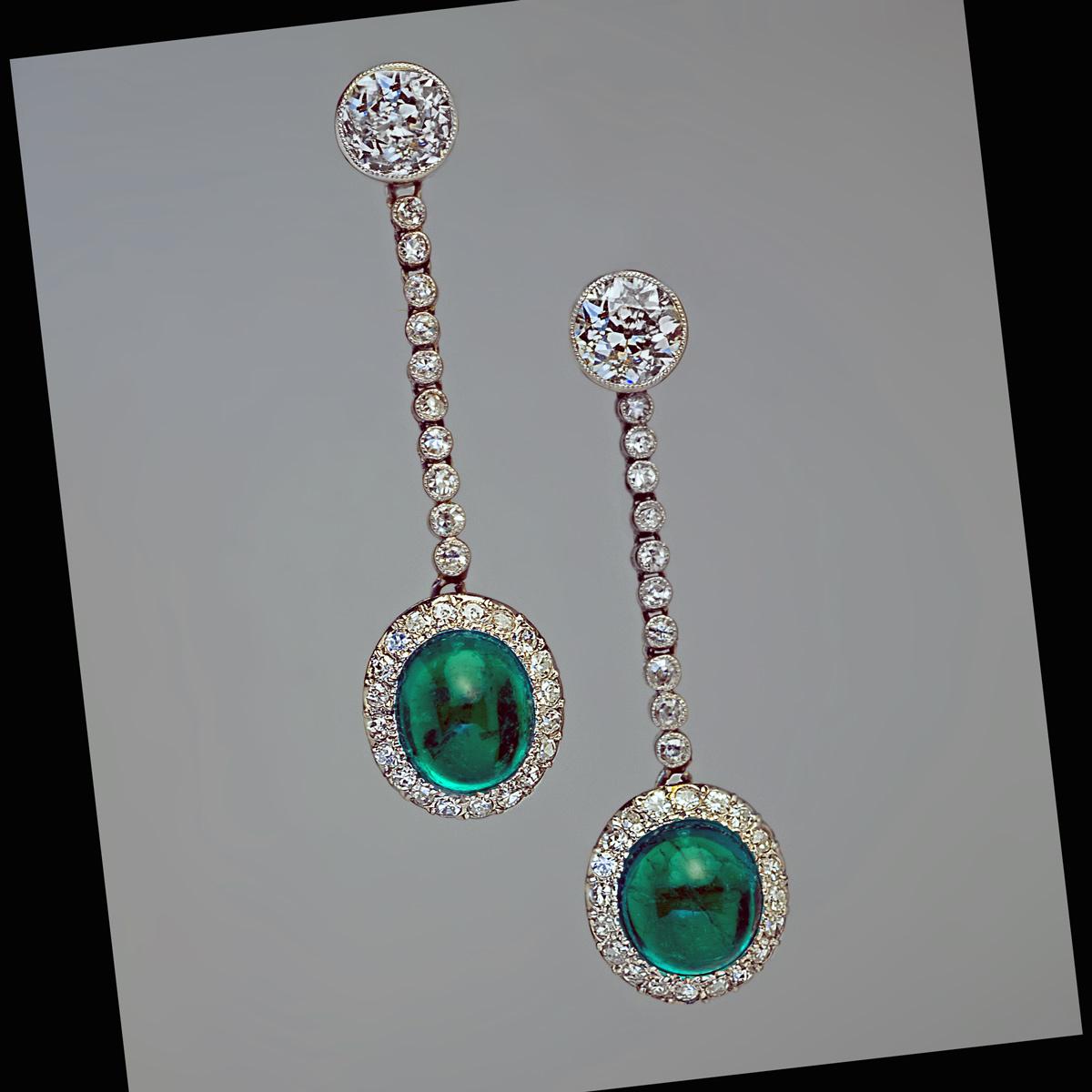 Art Deco 1930s Cabochon Emerald Diamond Platinum Earrings 1