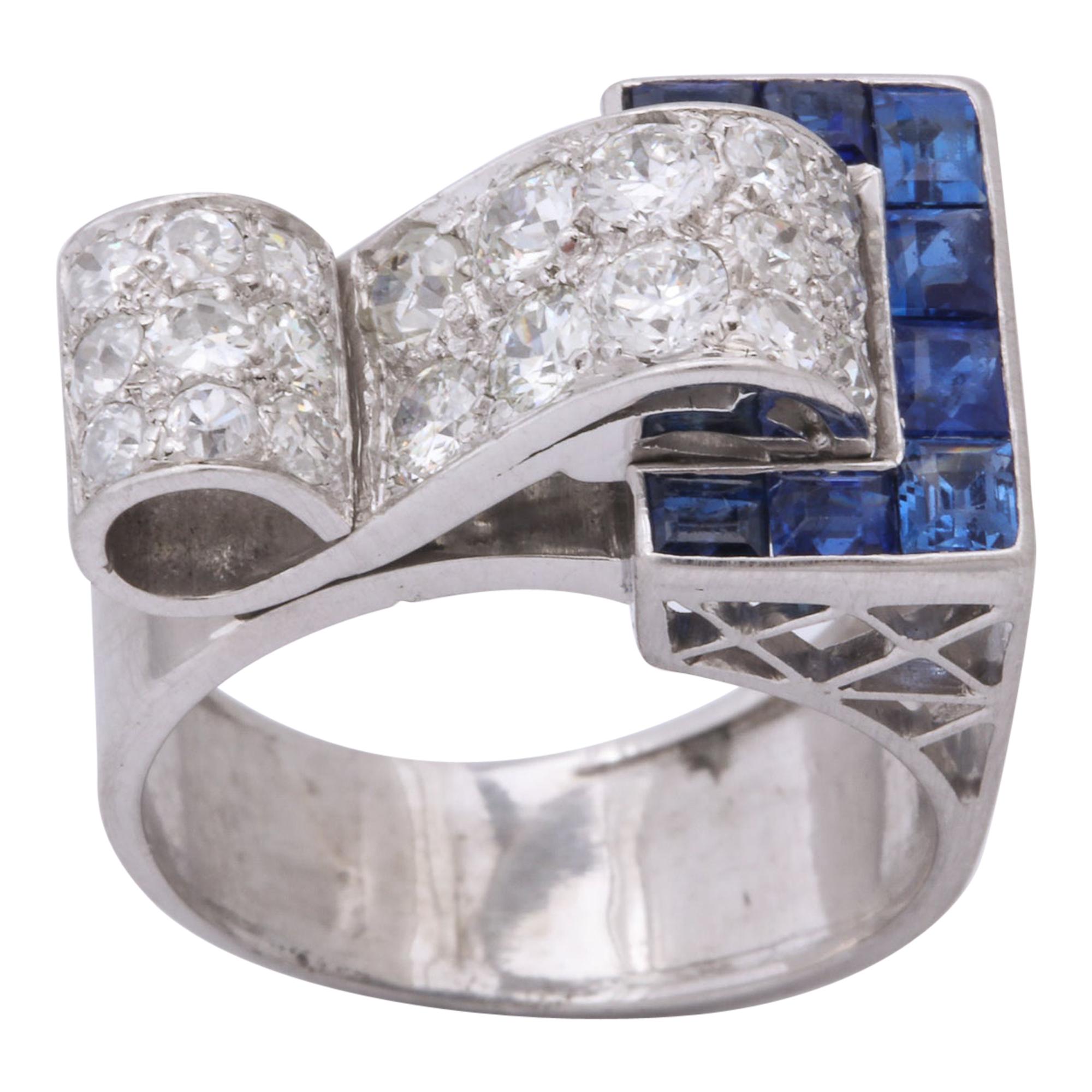 Art Deco 1930s Calibre Cut Sapphire Diamond Platinum Buckle Ring