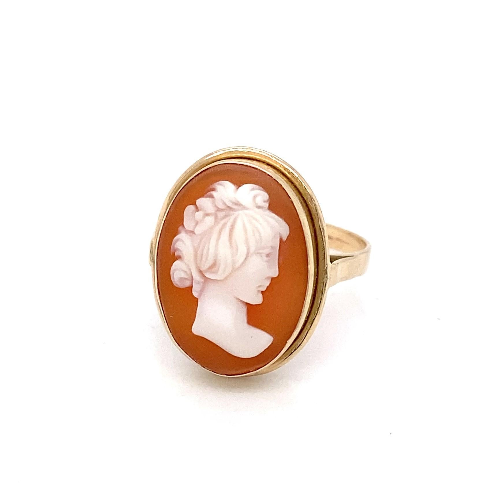 Art Deco 1930er Jahre geschnitzter Muschelkamee 14 Karat Gelbgold Ring 6