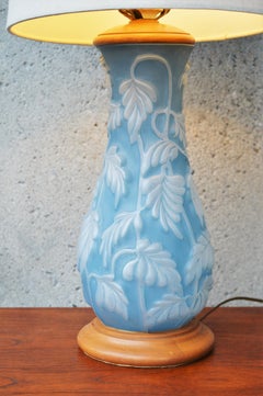 Art Deco 1930s Consolidated Glass White Leaves on a Field of Blue Lamp