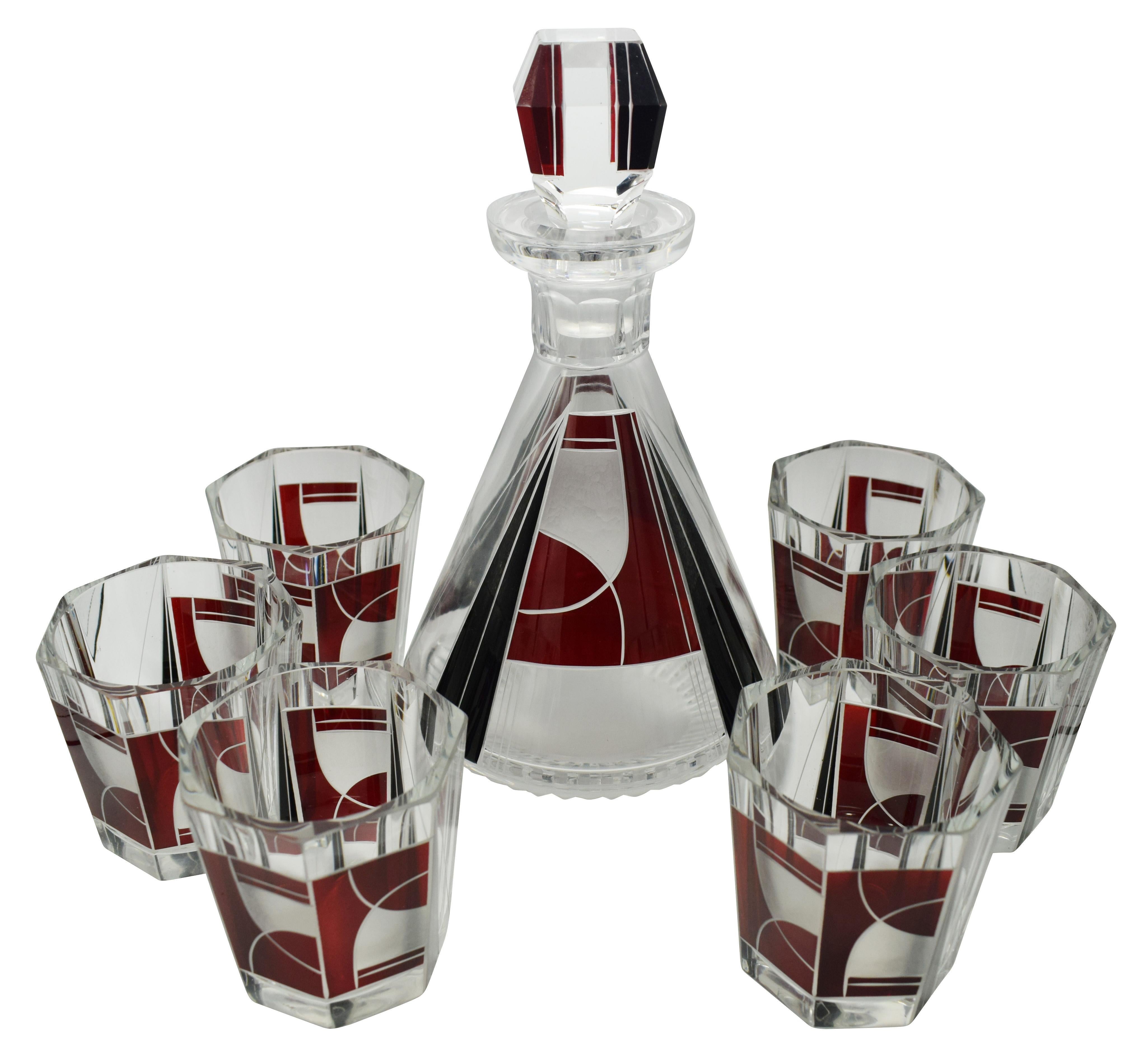 Art Deco 1930s Czech Geometric Glass Decanter Set 5