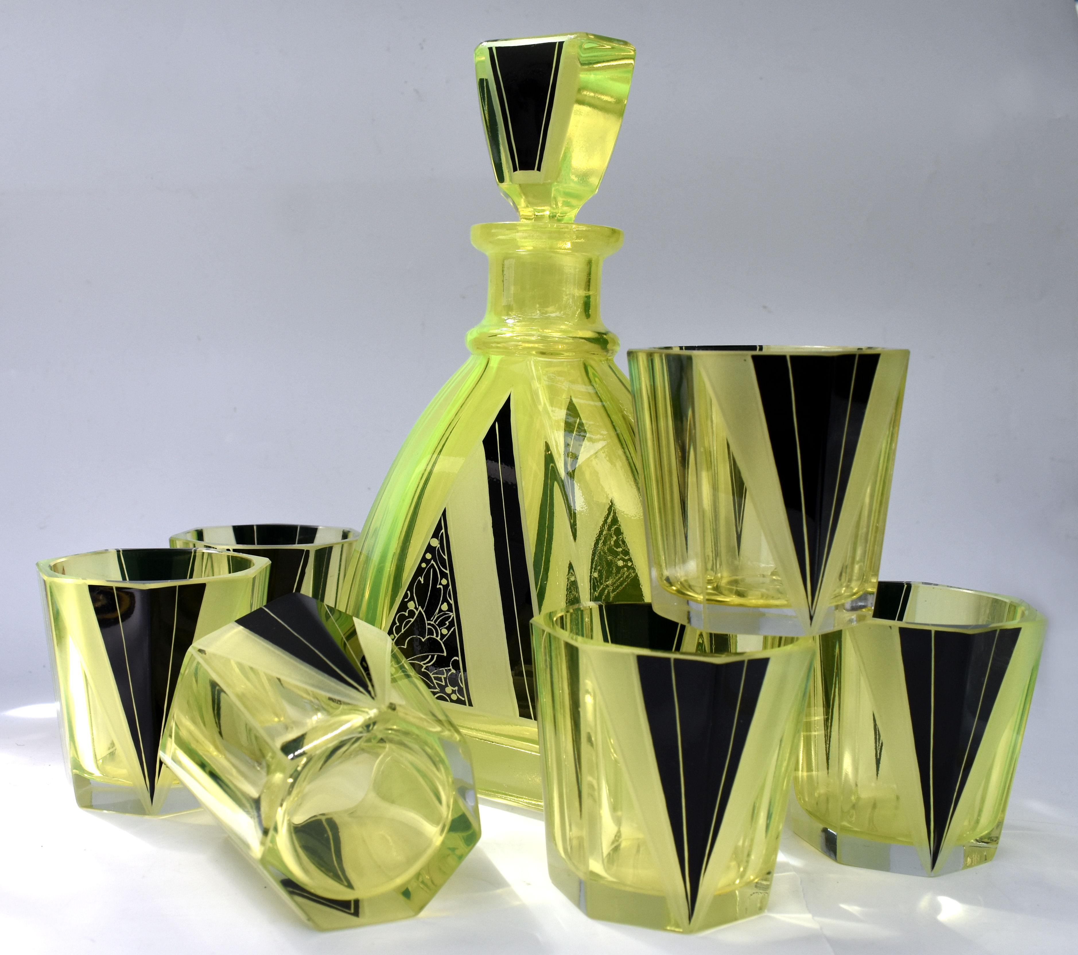 Art Deco 1930s Czech Geometric Glass Decanter Set 3
