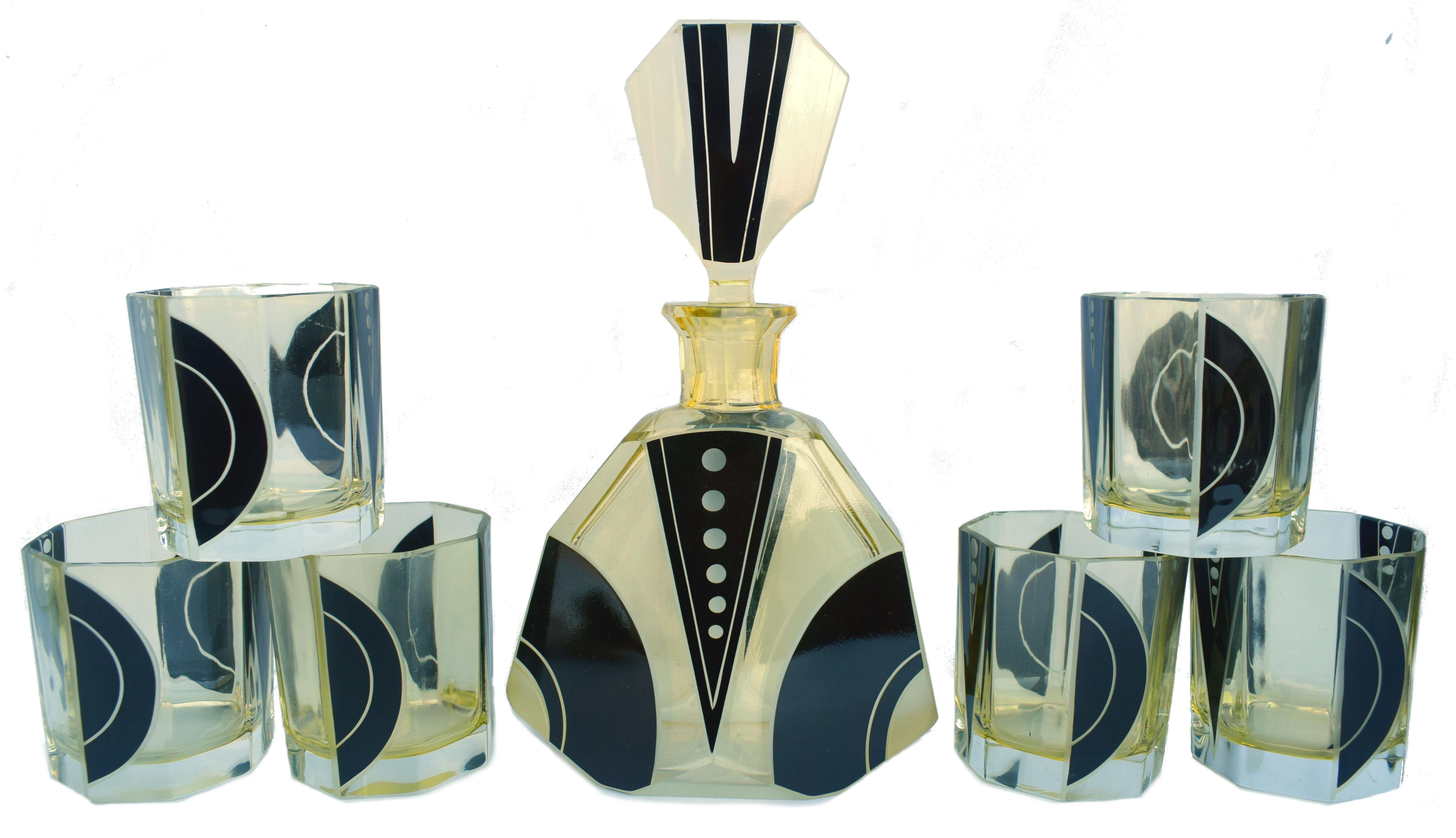 Art Deco 1930s Czech Geometric Glass Decanter Set 6