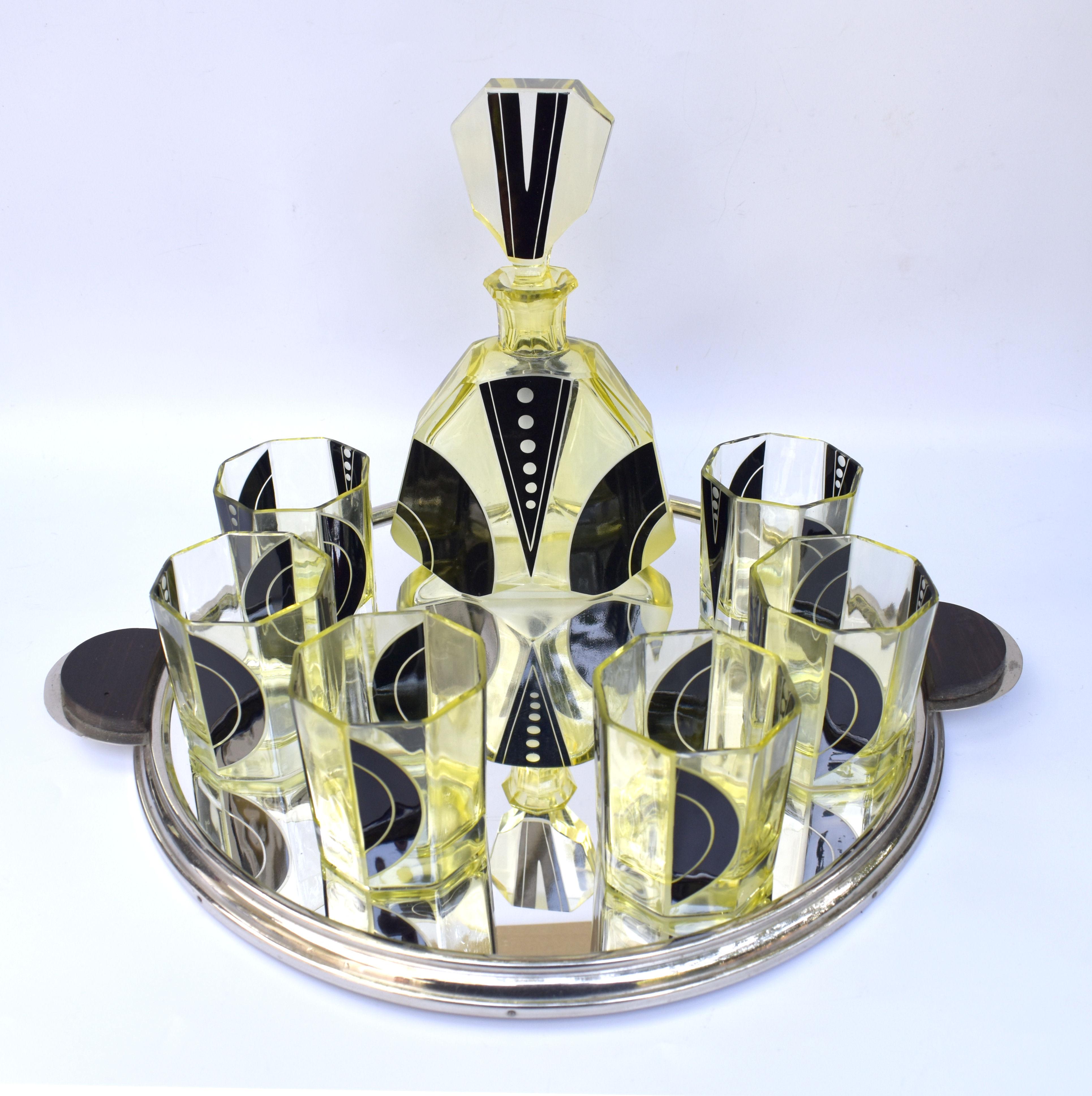 Art Deco 1930s Czech Geometric Glass Decanter Set 7