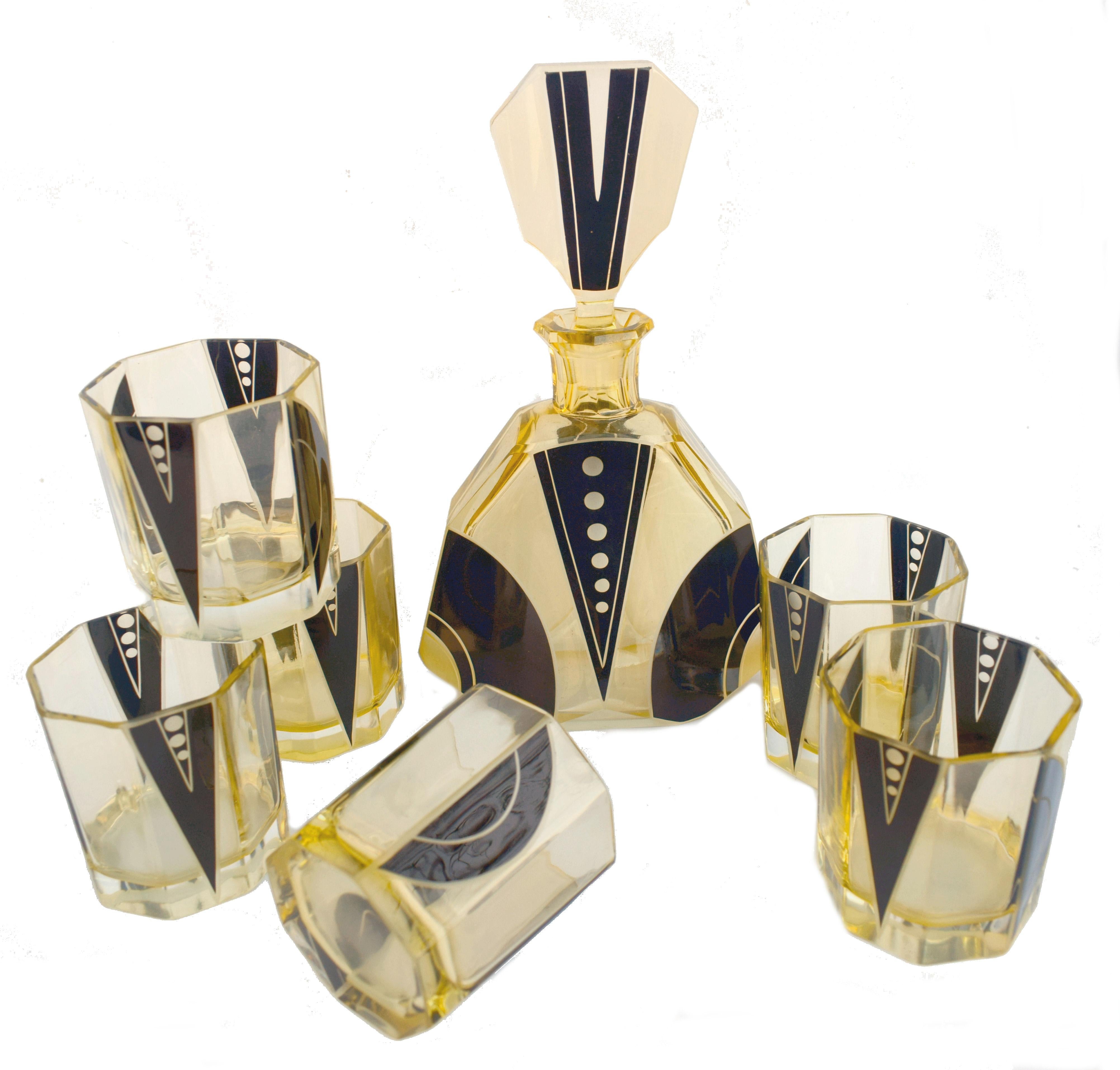20th Century Art Deco 1930s Czech Geometric Glass Decanter Set