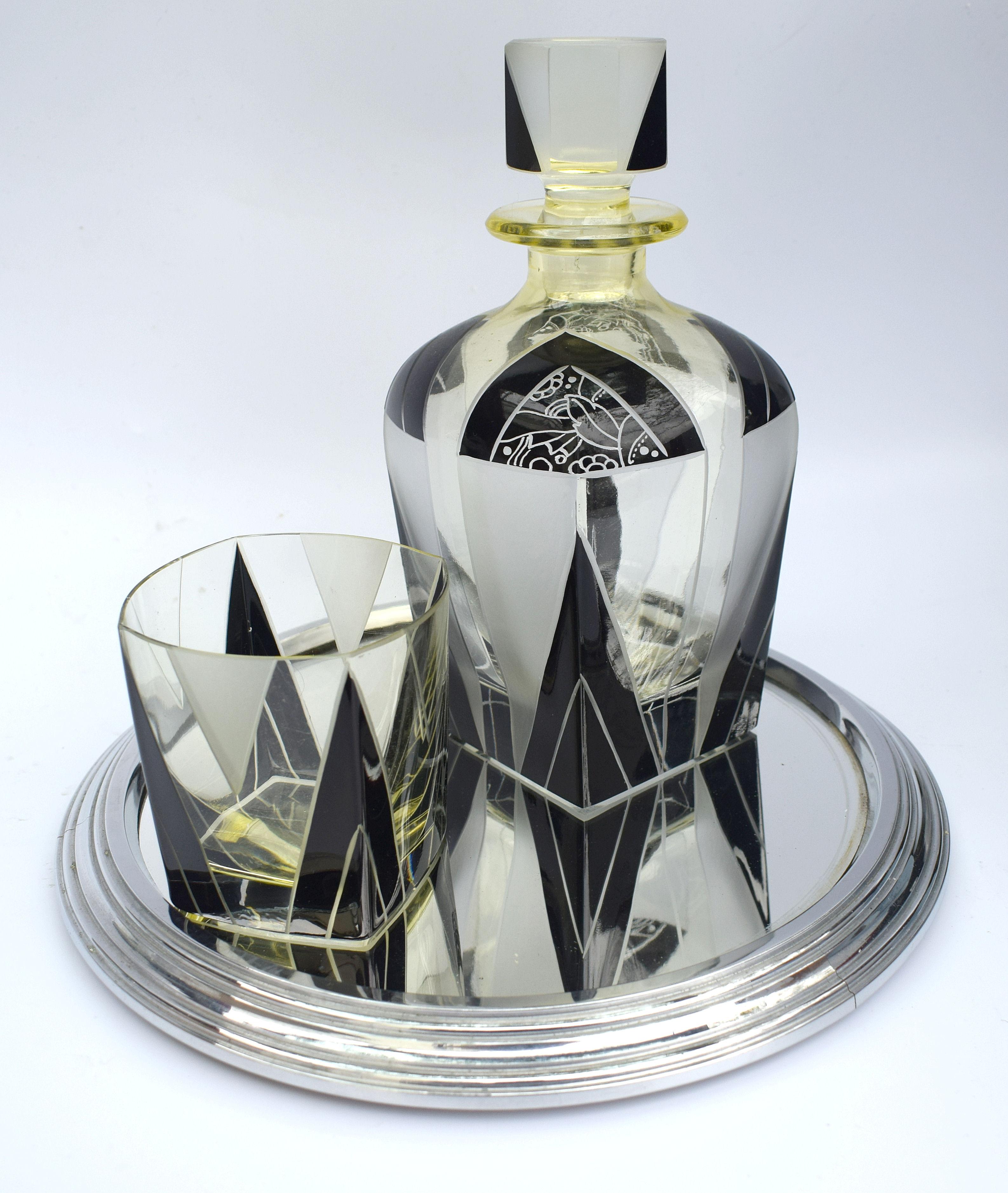 Art Deco 1930s Czech Geometric Glass Decanter Set 1