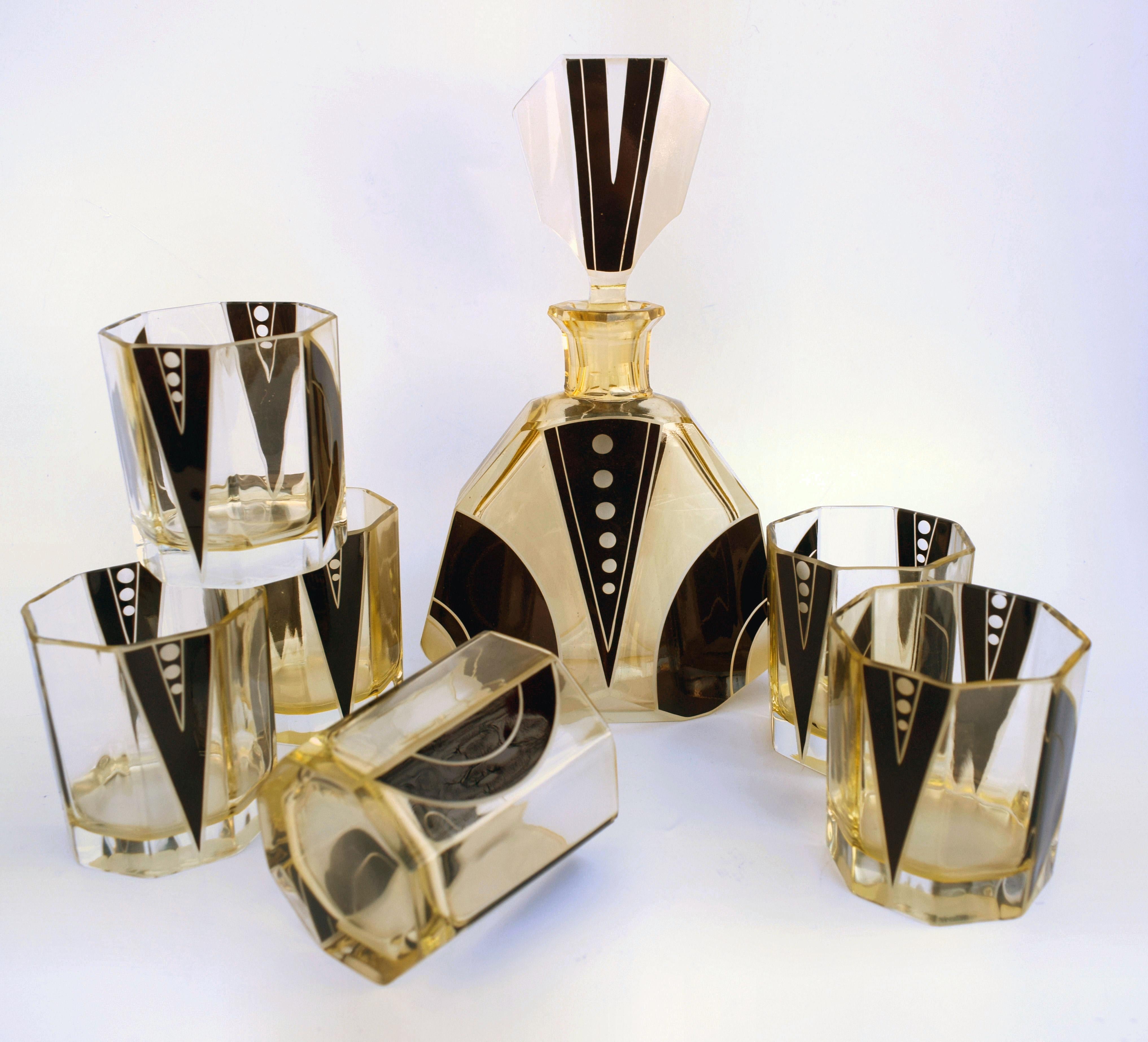 Cut Glass Art Deco 1930s Czech Geometric Glass Decanter Set