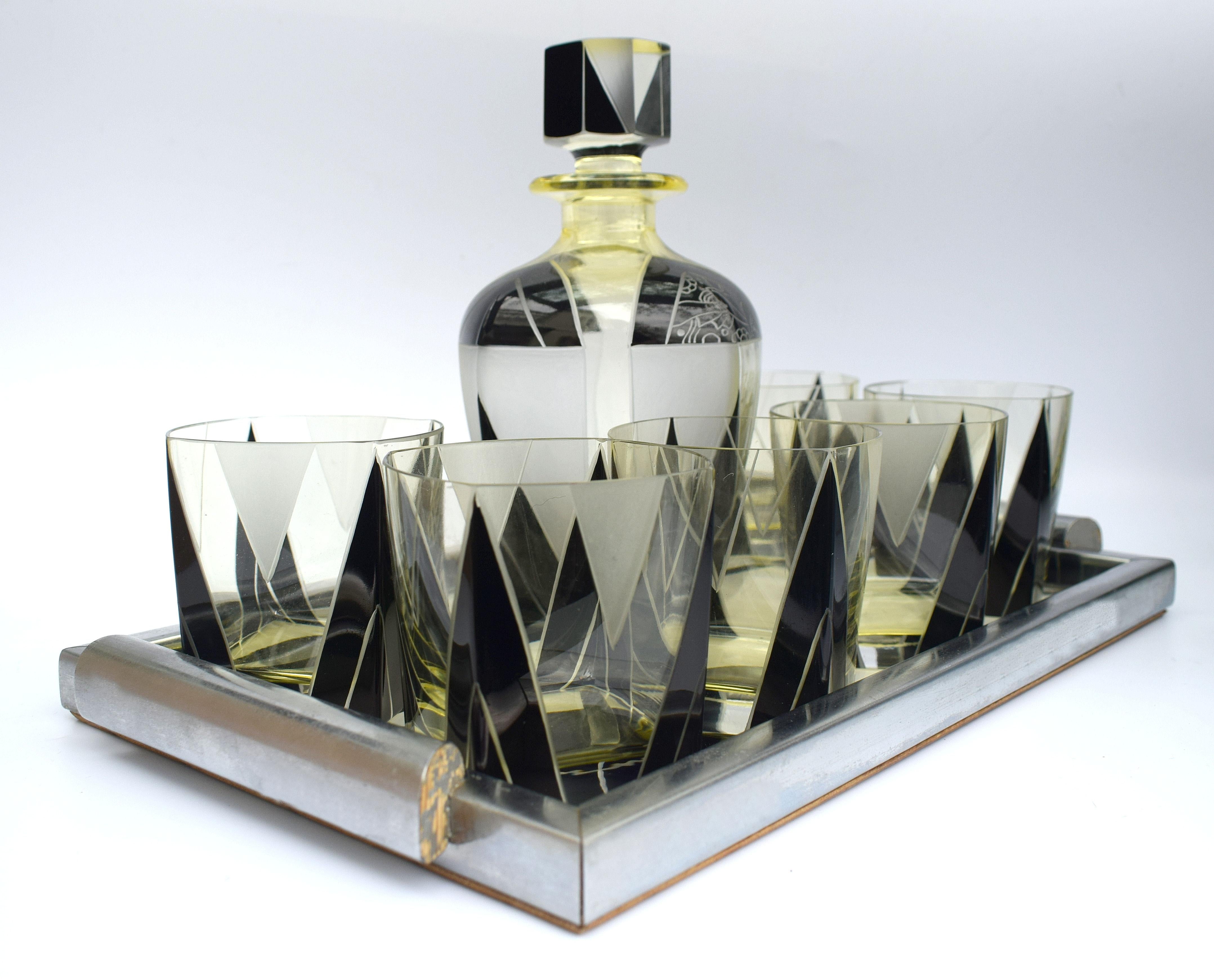 Art Deco 1930s Czech Geometric Glass Decanter Set 2