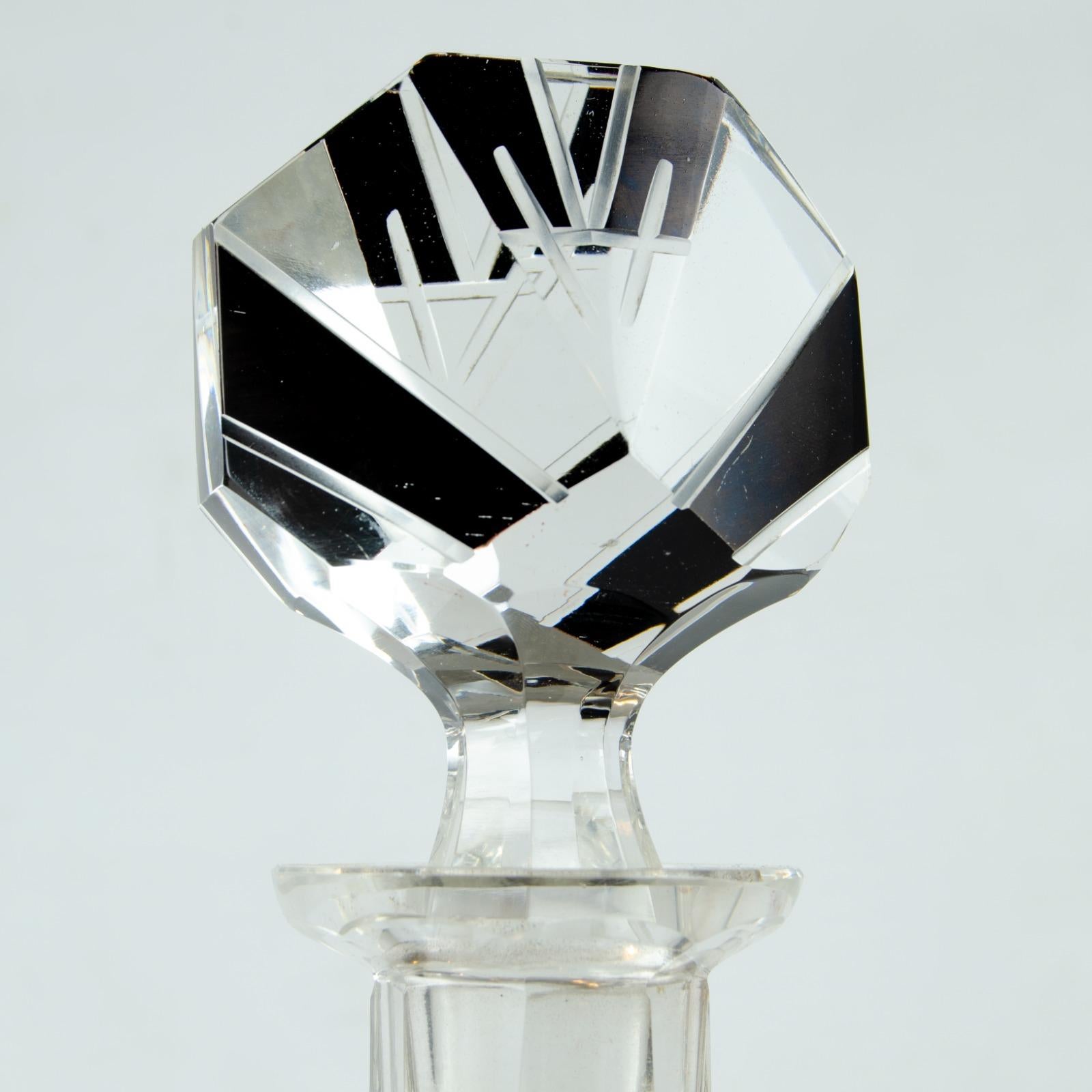 Mid-Century Modern Art Deco 1930s Czech Geometric Glass Decanter Set For Sale