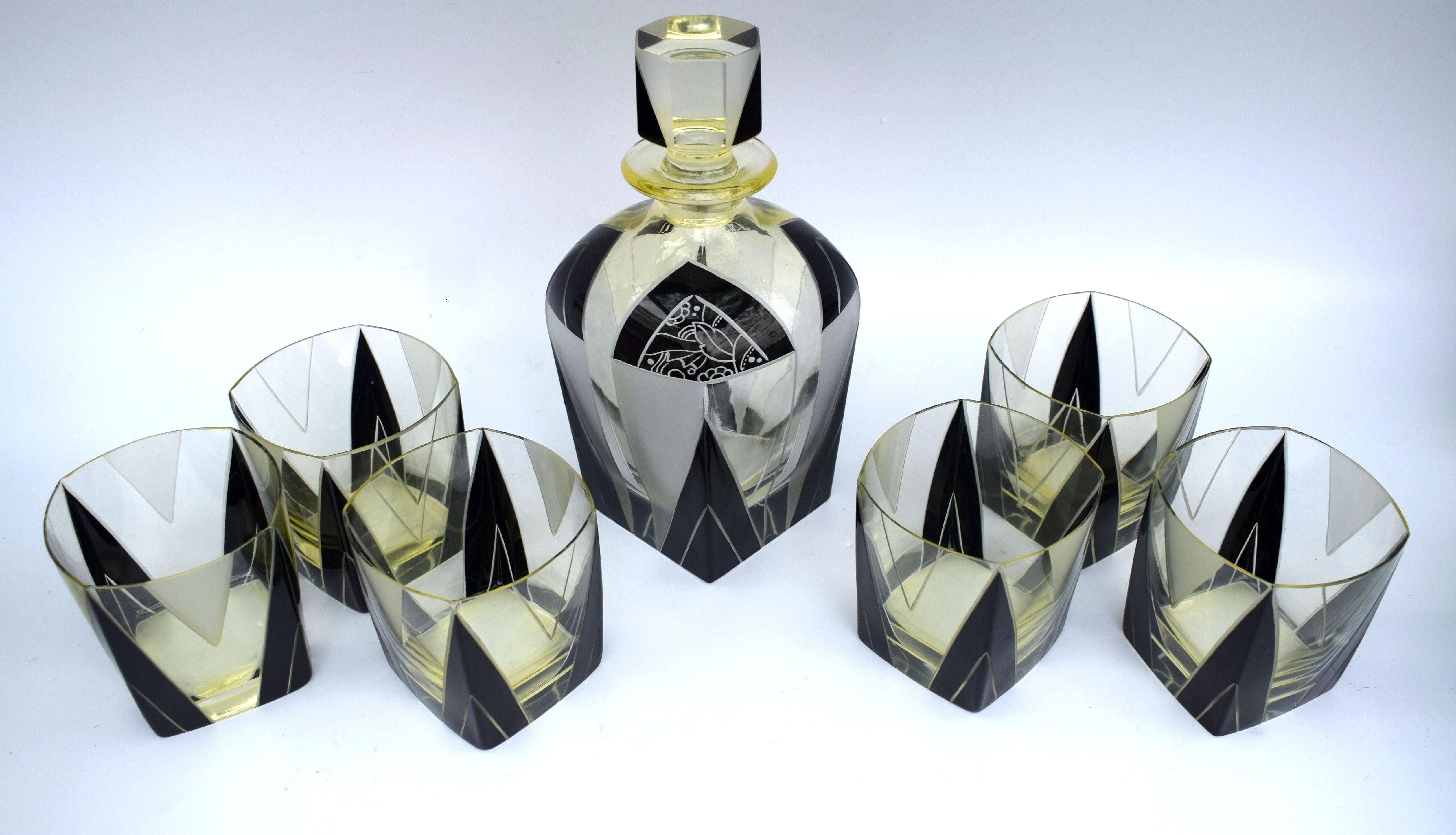 Art Deco 1930s Czech Geometric Glass Decanter Set 3