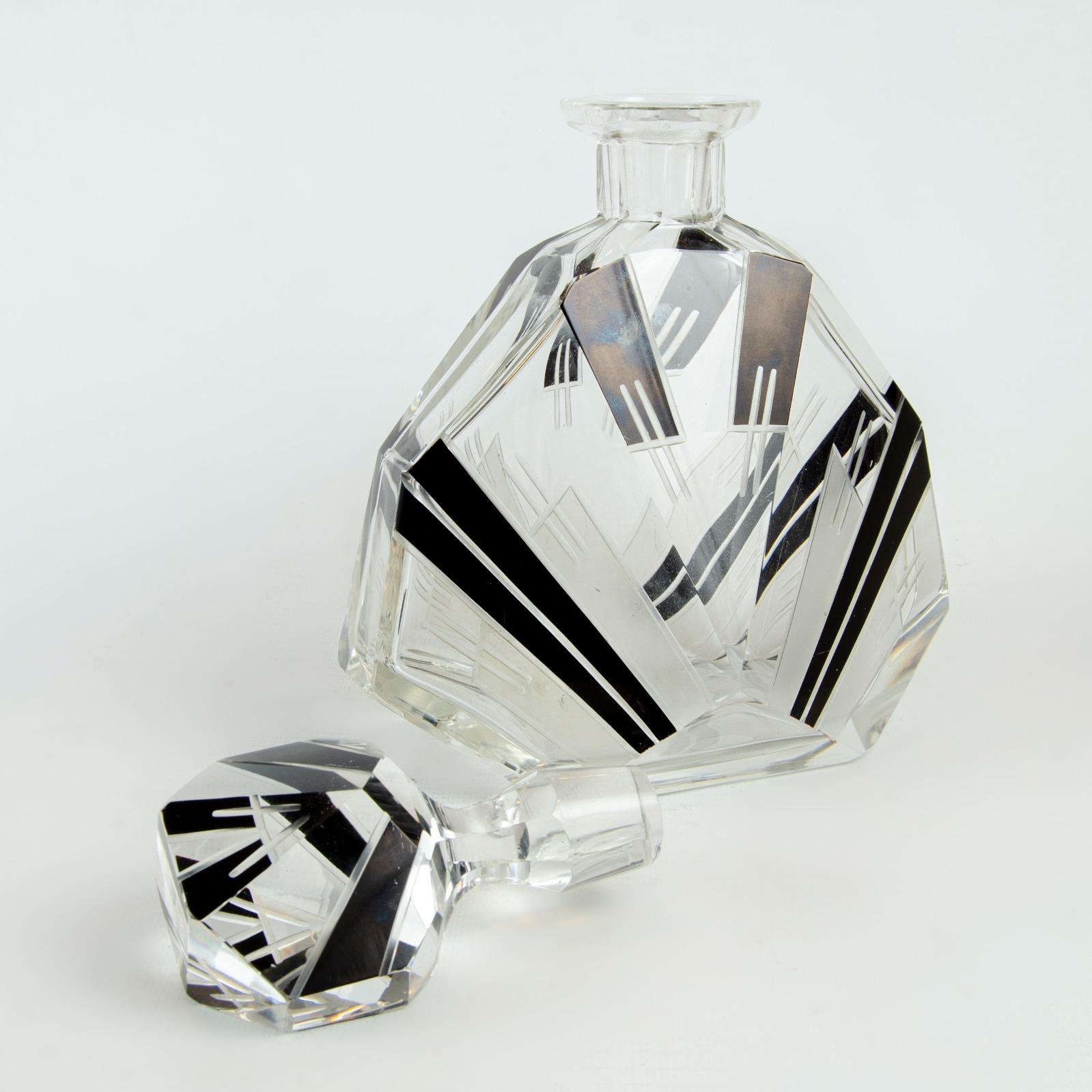 Austrian Art Deco 1930s Czech Geometric Glass Decanter Set For Sale