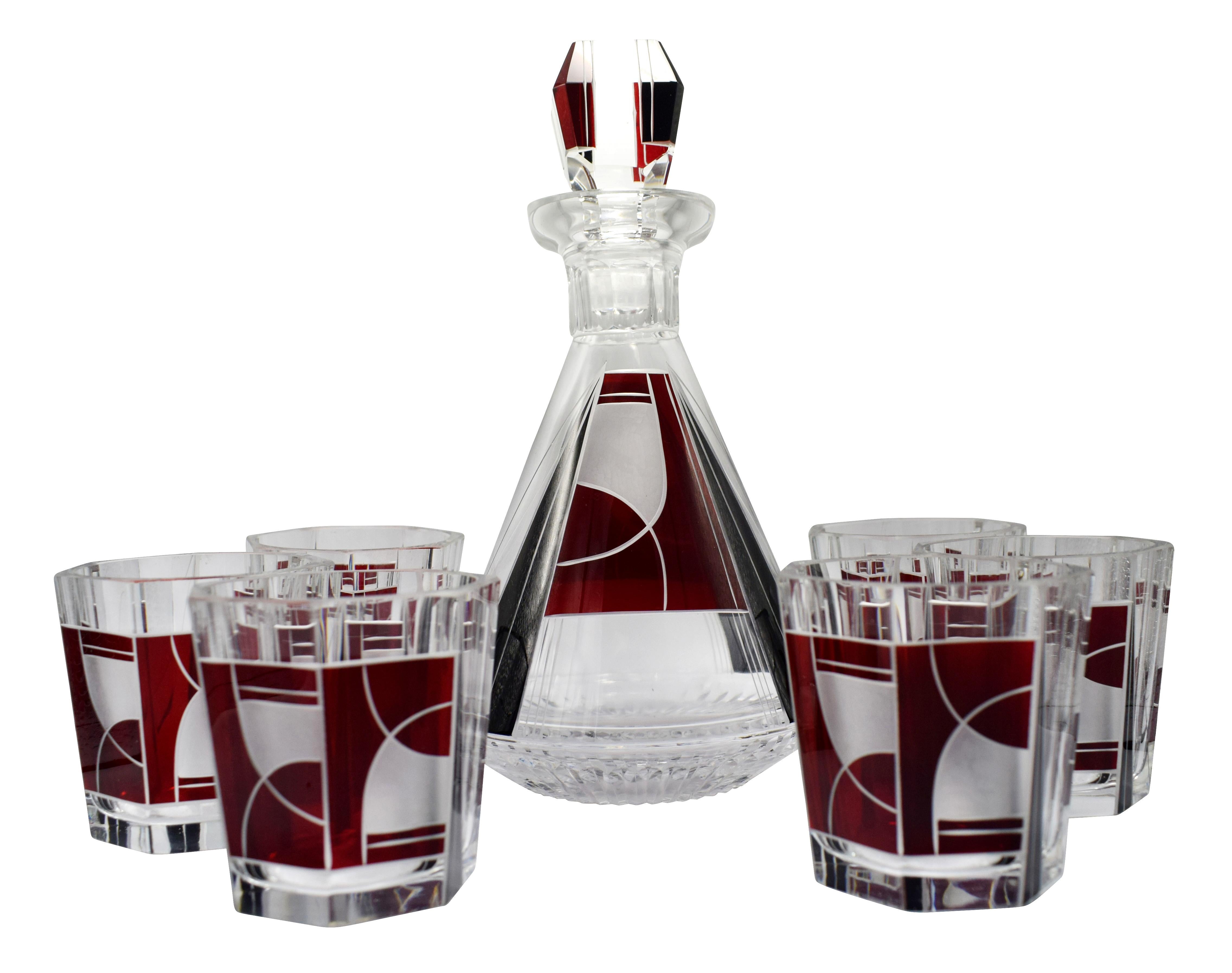 Art Deco 1930s Czech Geometric Glass Decanter Set 4