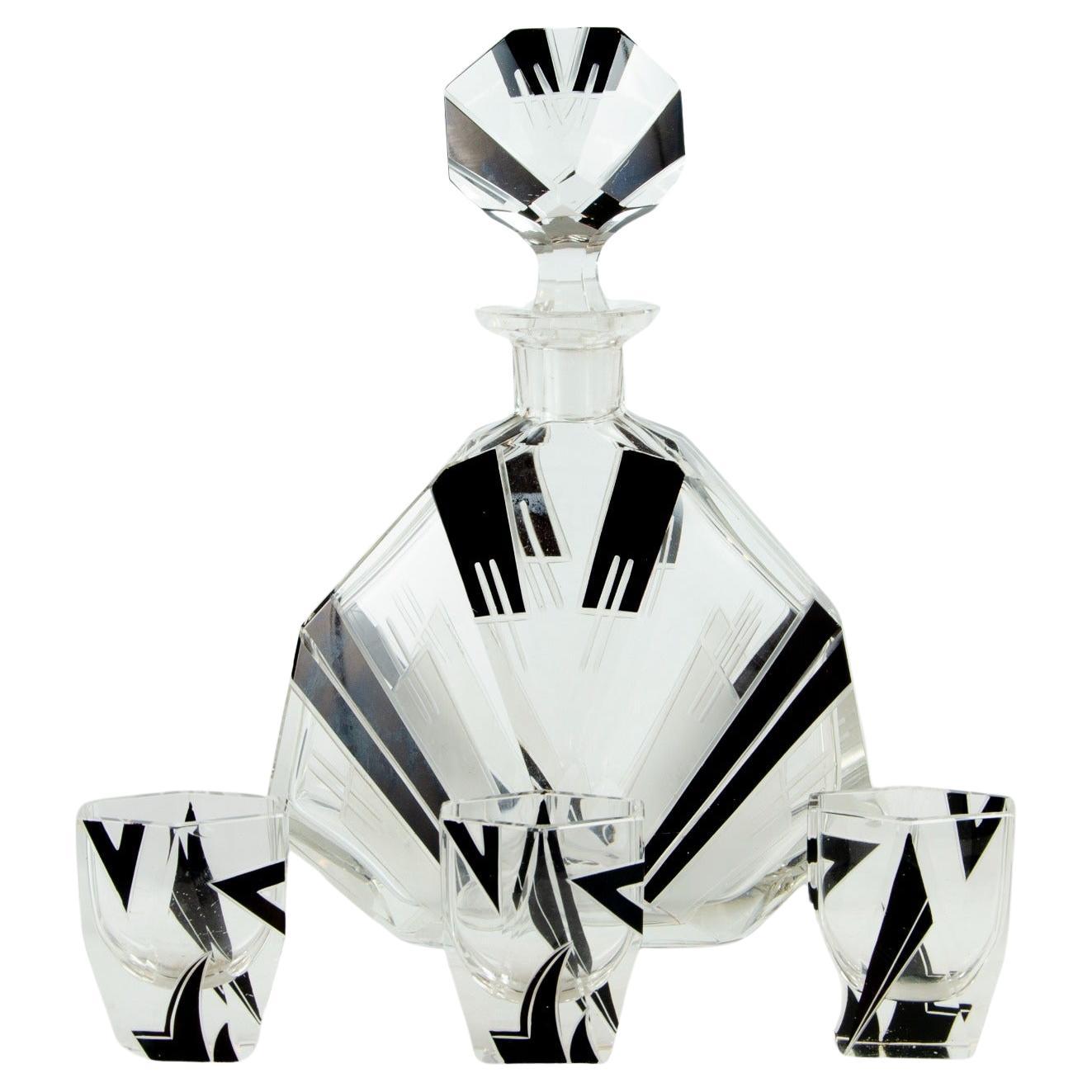 Art Deco 1930s Czech Geometric Glass Decanter Set