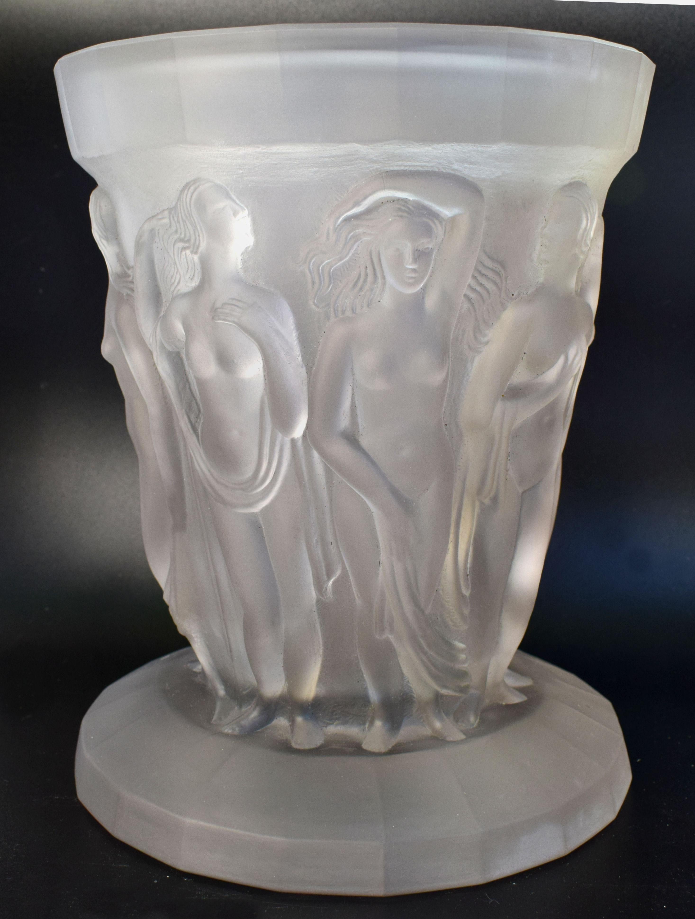 For your consideration is this beautifully detailed and extremely attractive Art Deco Czech vase. The outside is surrounded by semi clad females, all in different poseys and in varying degrees of dress. The detailing is superb and at every angle has
