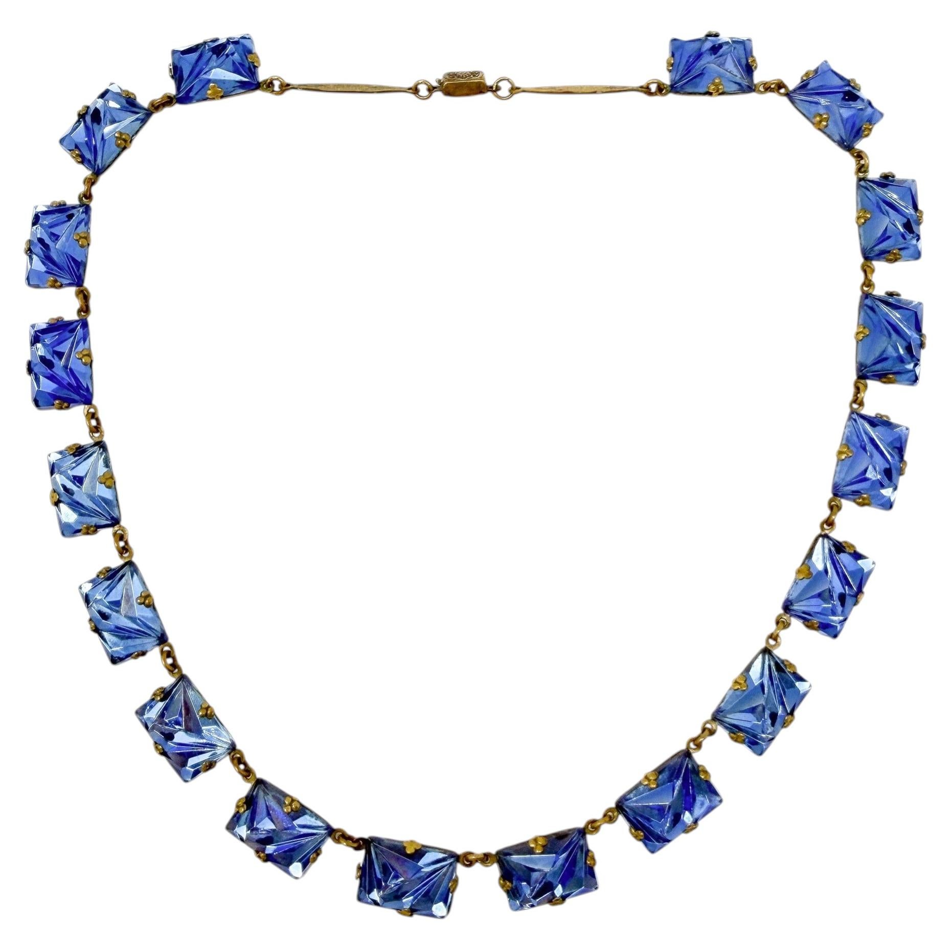 Art Deco 1930s Czechoslovakian Blue Mirror Glass Vintage Necklace