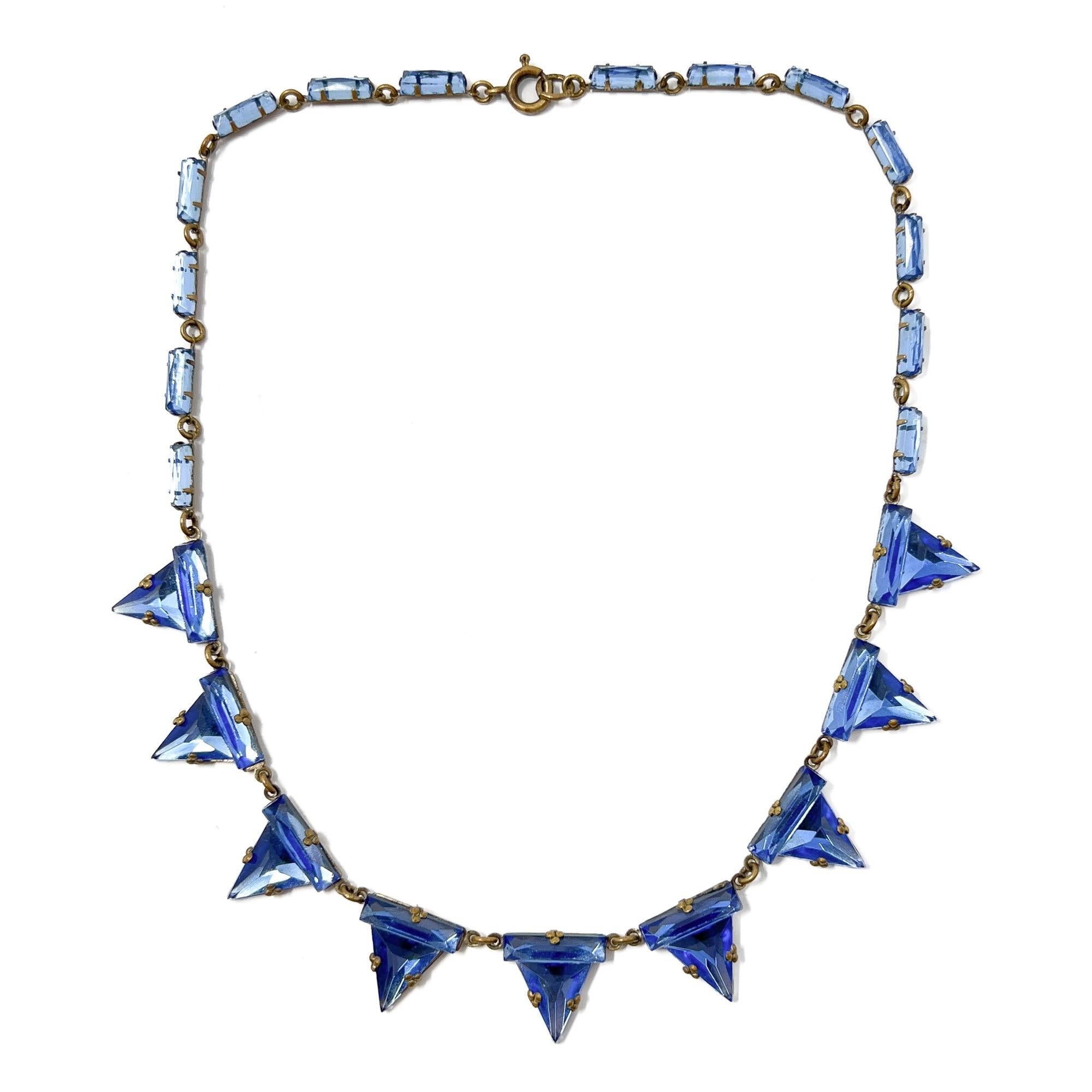 De las mujeres Art Deco Años 30 Checoslovaquia Azul Triangular Espejo Cristal Collar Vintage en venta