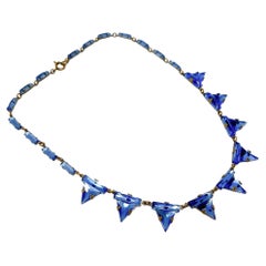 Collana Art Deco Mirror 1930 cecoslovacca blu triangolare in vetro vintage