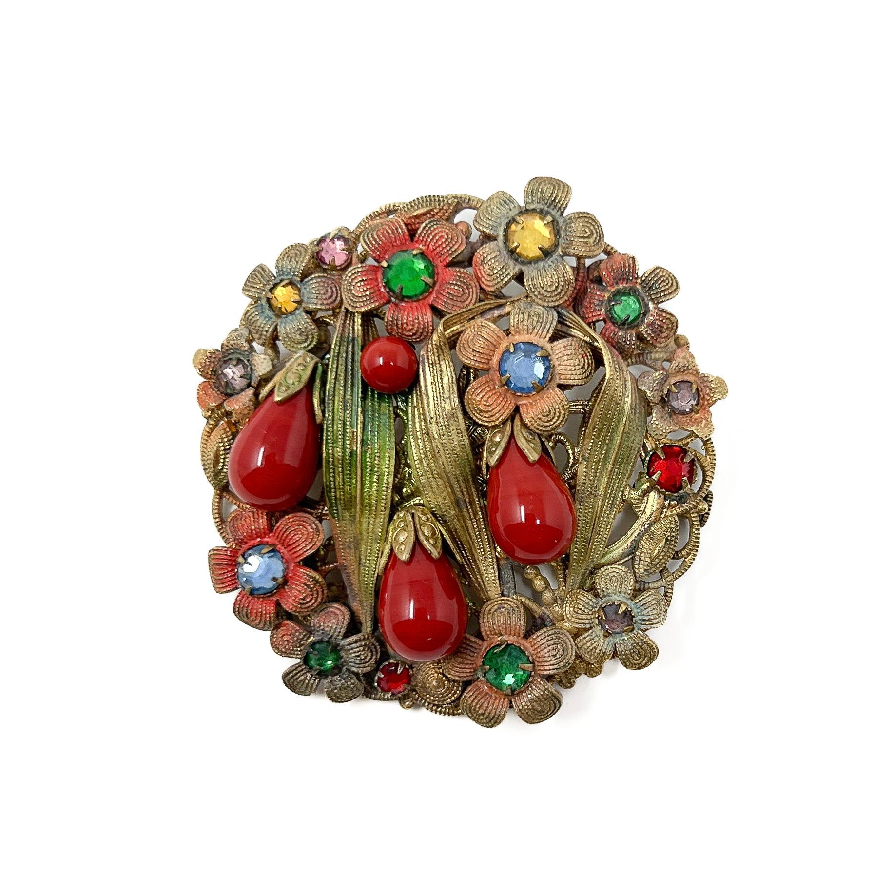 Art Deco 1930s Czechoslovakian Rhinestone and Glass Vintage Floral Brooch For Sale 1