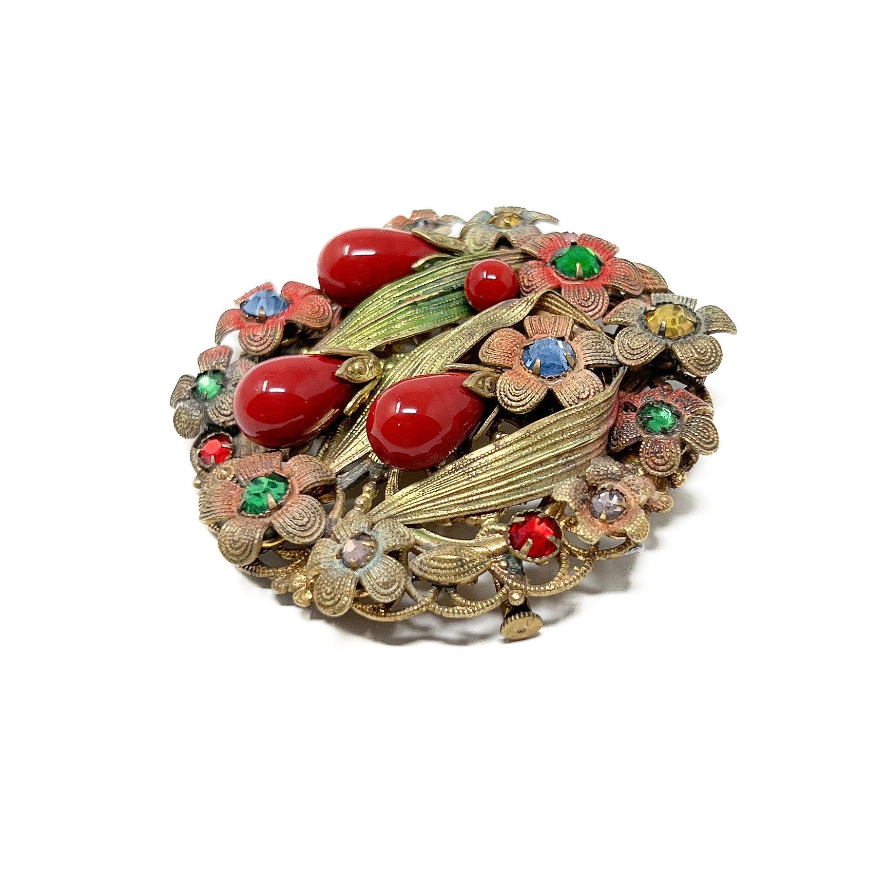 Art Deco 1930s Czechoslovakian Rhinestone and Glass Vintage Floral Brooch For Sale 2