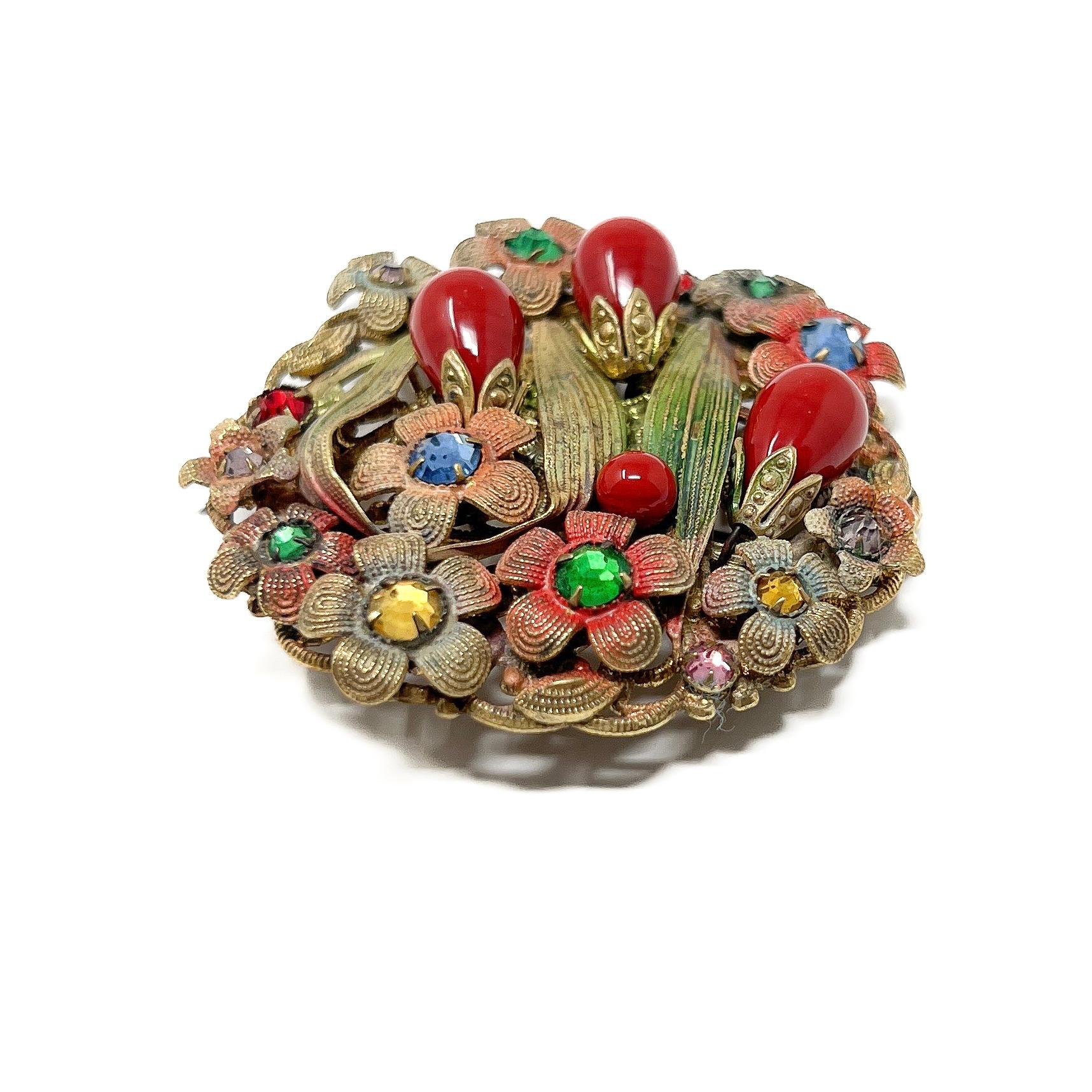 Art Deco 1930s Czechoslovakian Rhinestone and Glass Vintage Floral Brooch For Sale 3