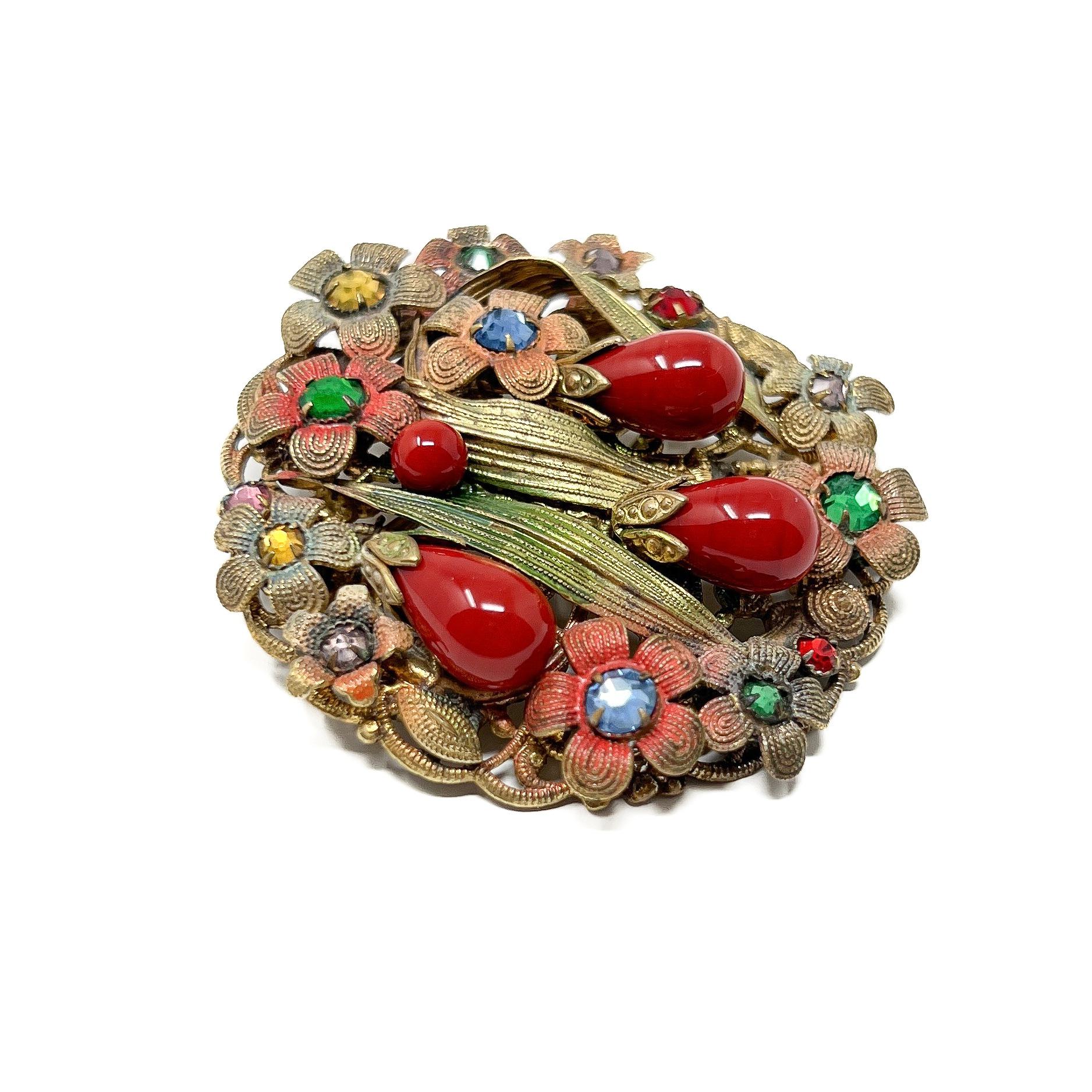 Art Deco 1930s Czechoslovakian Rhinestone and Glass Vintage Floral Brooch For Sale 4