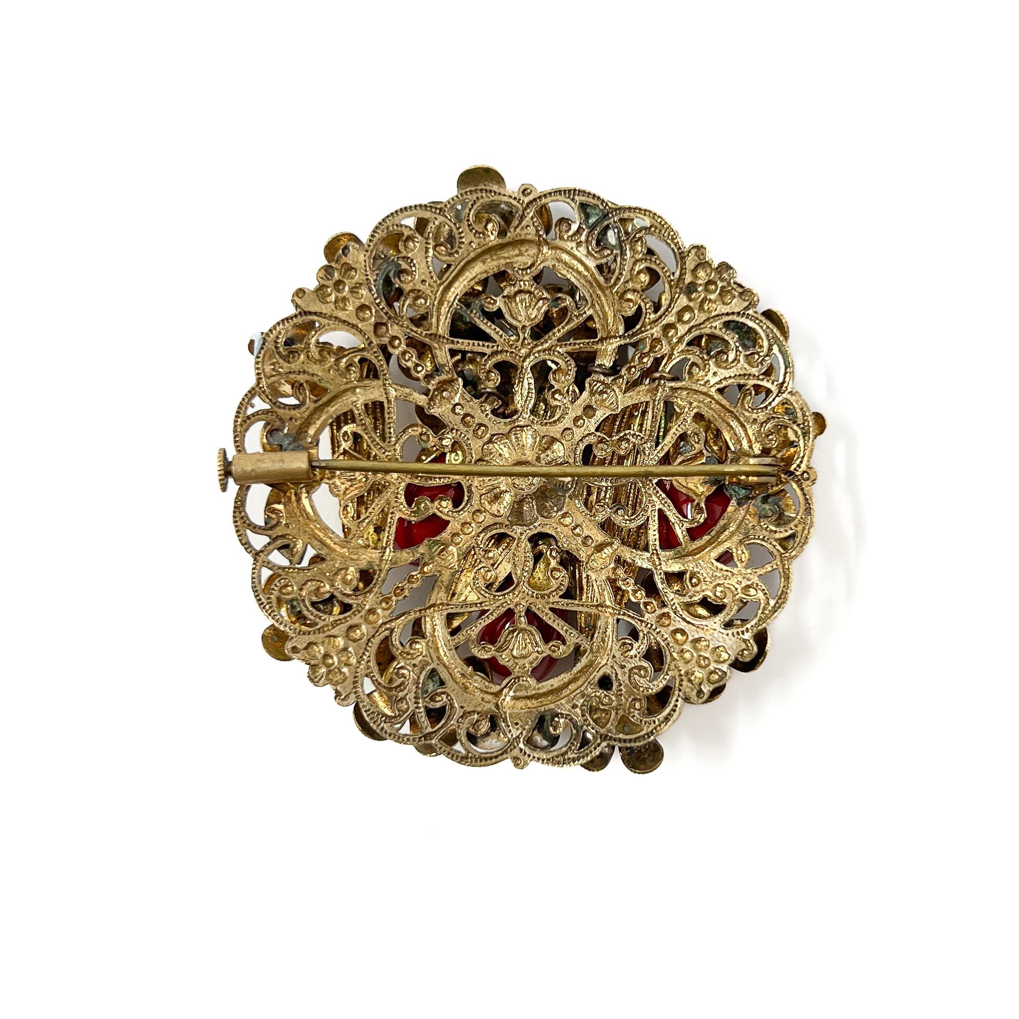 Art Deco 1930s Czechoslovakian Rhinestone and Glass Vintage Floral Brooch For Sale 5