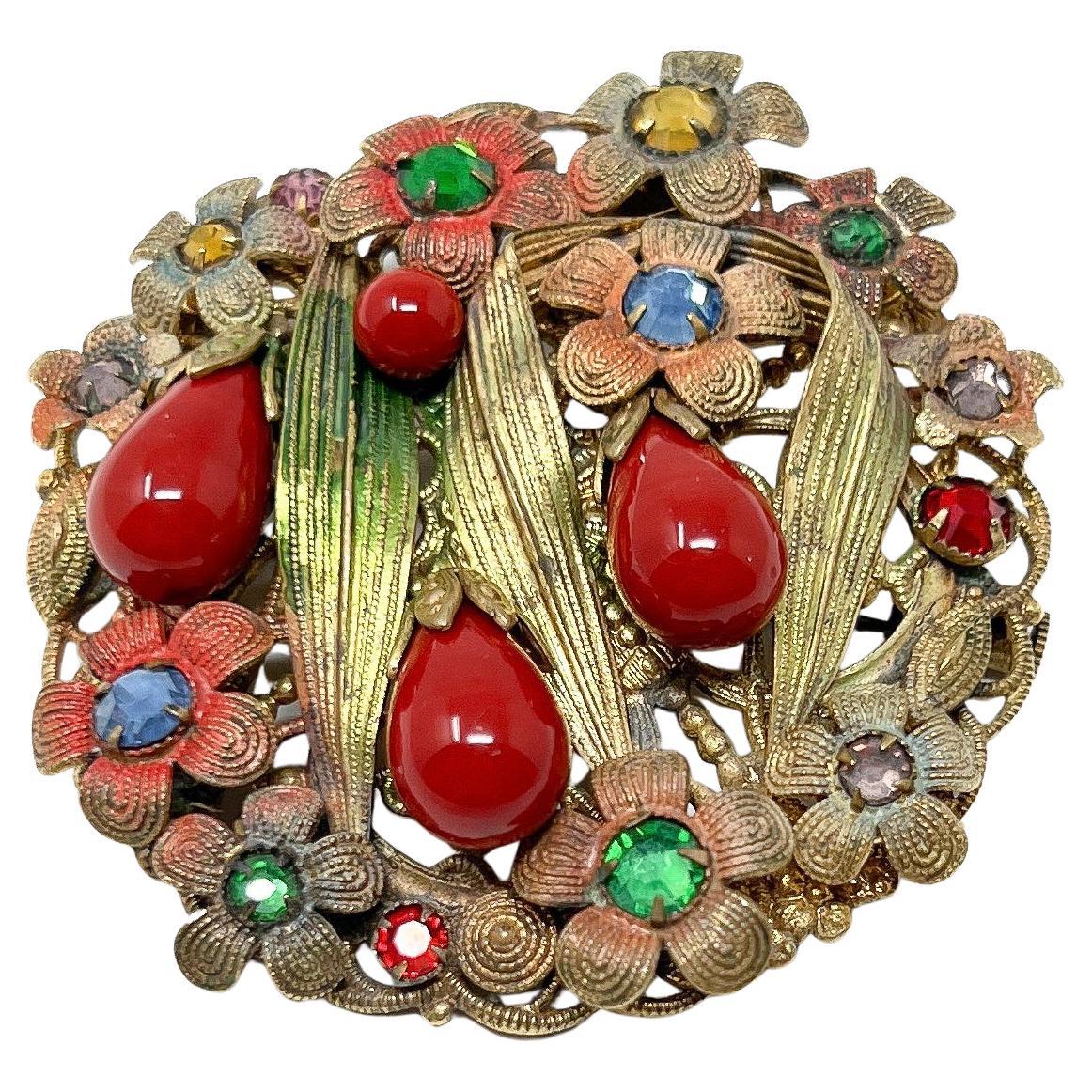 Art Deco 1930s Czechoslovakian Rhinestone and Glass Vintage Floral Brooch