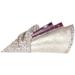 Art Deco 1930s Diamond and Ruby Brooch or Platinum